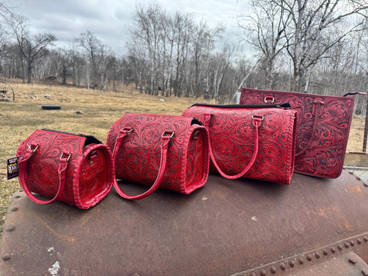 Deep Cherry Red Speedy Western Genuine Leather Barrel Bag Purse or Briefcase