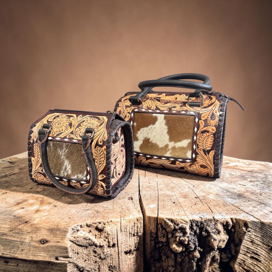 Genuine Western Leather Speedy Barrel Bag with Cowhide and Tooled details by Double B Wild Rags