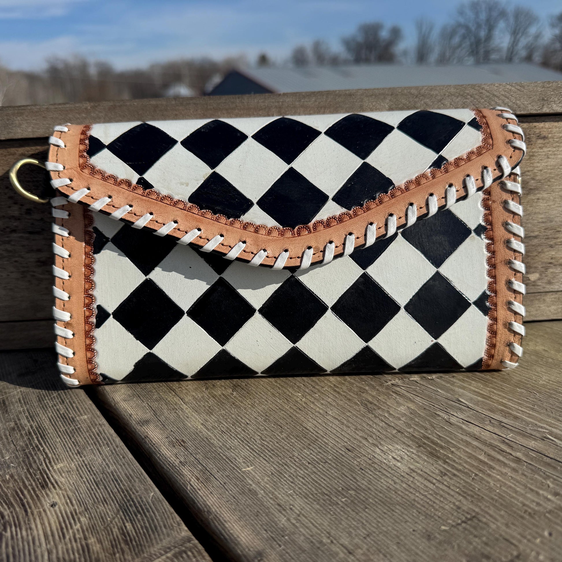 Checkered Black and White Genuine Leather Western Purse, Wallet, OR Clutch by Double B Wild Rags