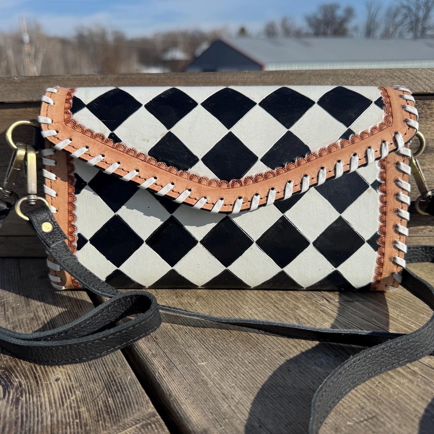 Checkered Black and White Genuine Leather Western Purse, Wallet, OR Clutch by Double B Wild Rags