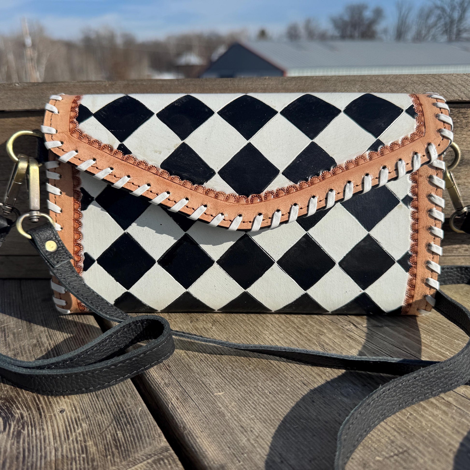 Checkered Black and White Genuine Leather Western Purse, Wallet, OR Clutch by Double B Wild Rags