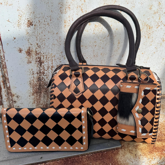 Caramel Espresso Checkered Speedy Western Genuine Leather Purse with optional wallet