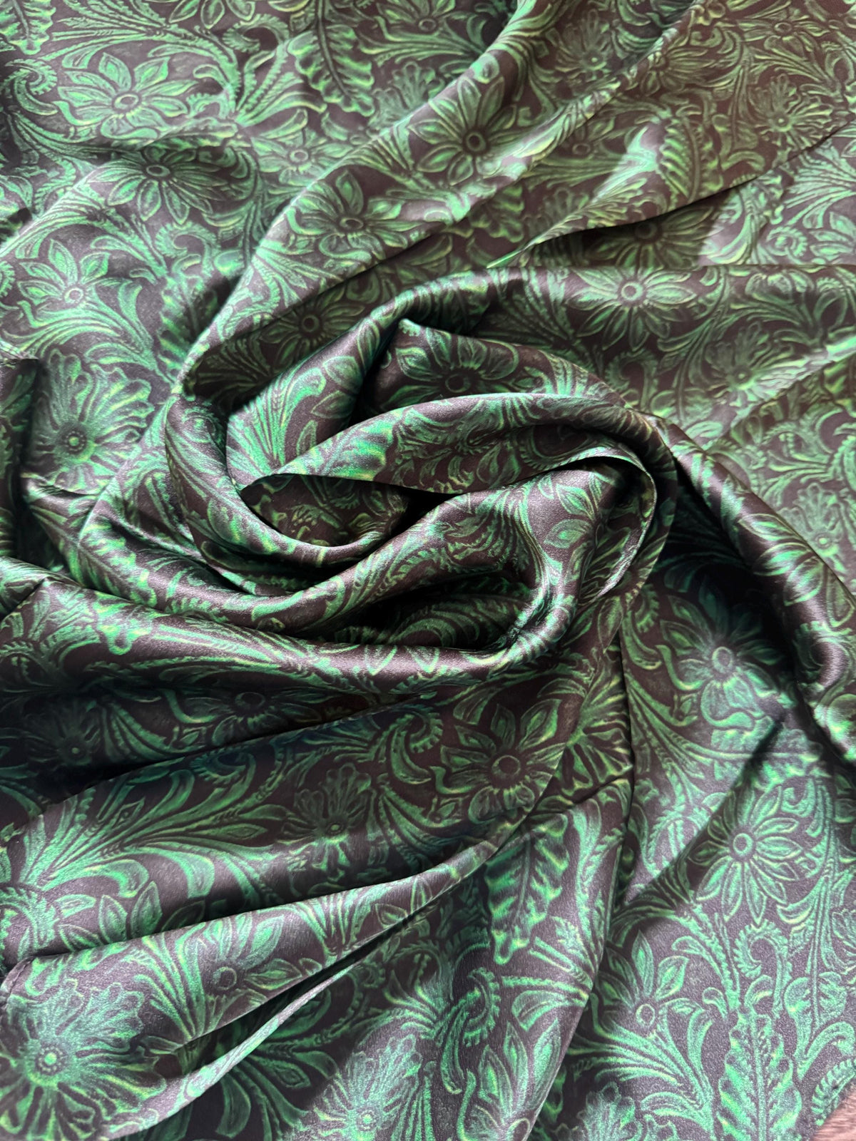 100% Silk Wild Rag Deep Forest Green Tooled Leather by Double B Wild Rags