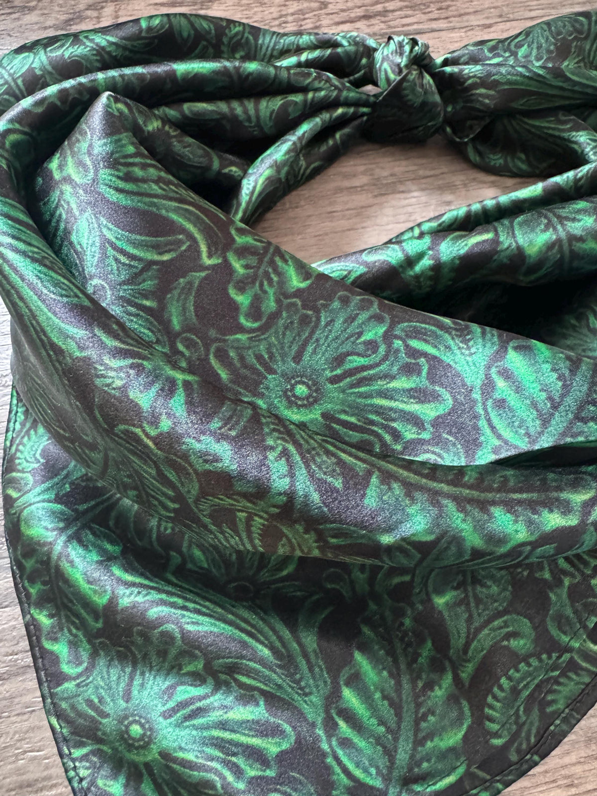 100% Silk Wild Rag Deep Forest Green Tooled Leather by Double B Wild Rags