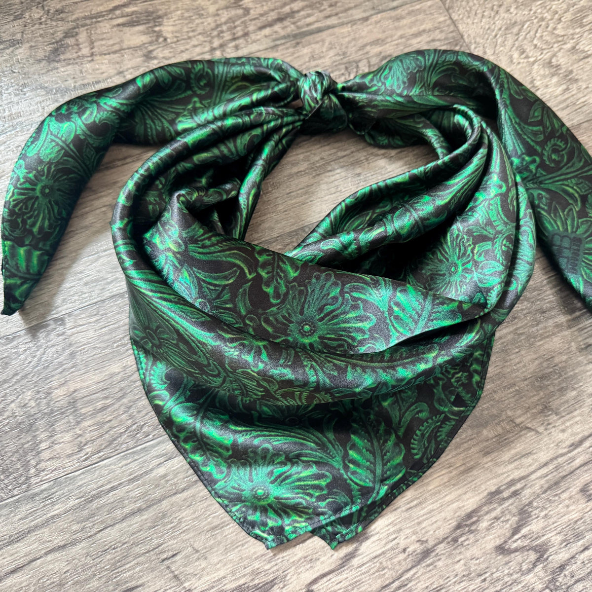 100% Silk Wild Rag Deep Forest Green Tooled Leather by Double B Wild Rags