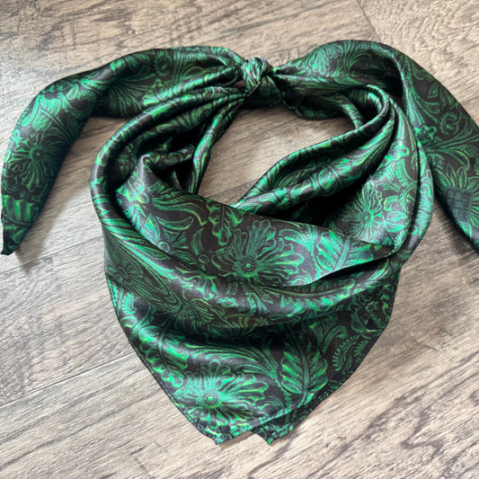 100% Silk Wild Rag Deep Forest Green Tooled Leather by Double B Wild Rags