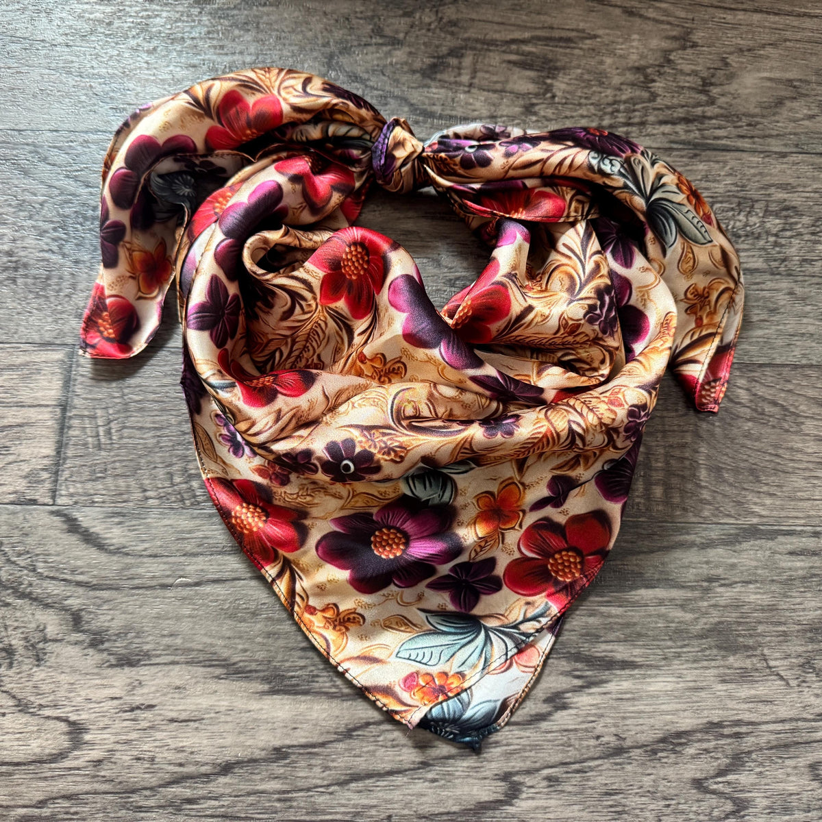 100% Silk Wild Rag Painted Floral Tooled Leather by Double B Wild Rags