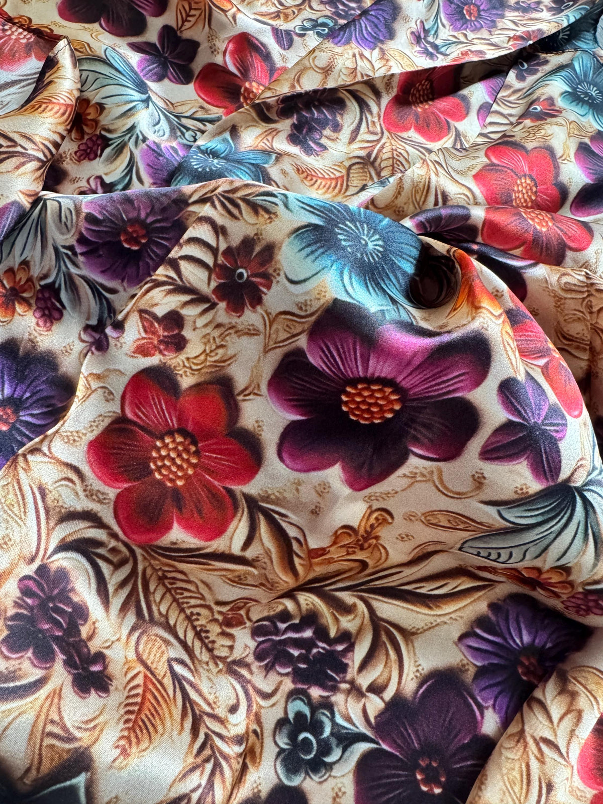 100% Silk Wild Rag Painted Floral Tooled Leather by Double B Wild Rags