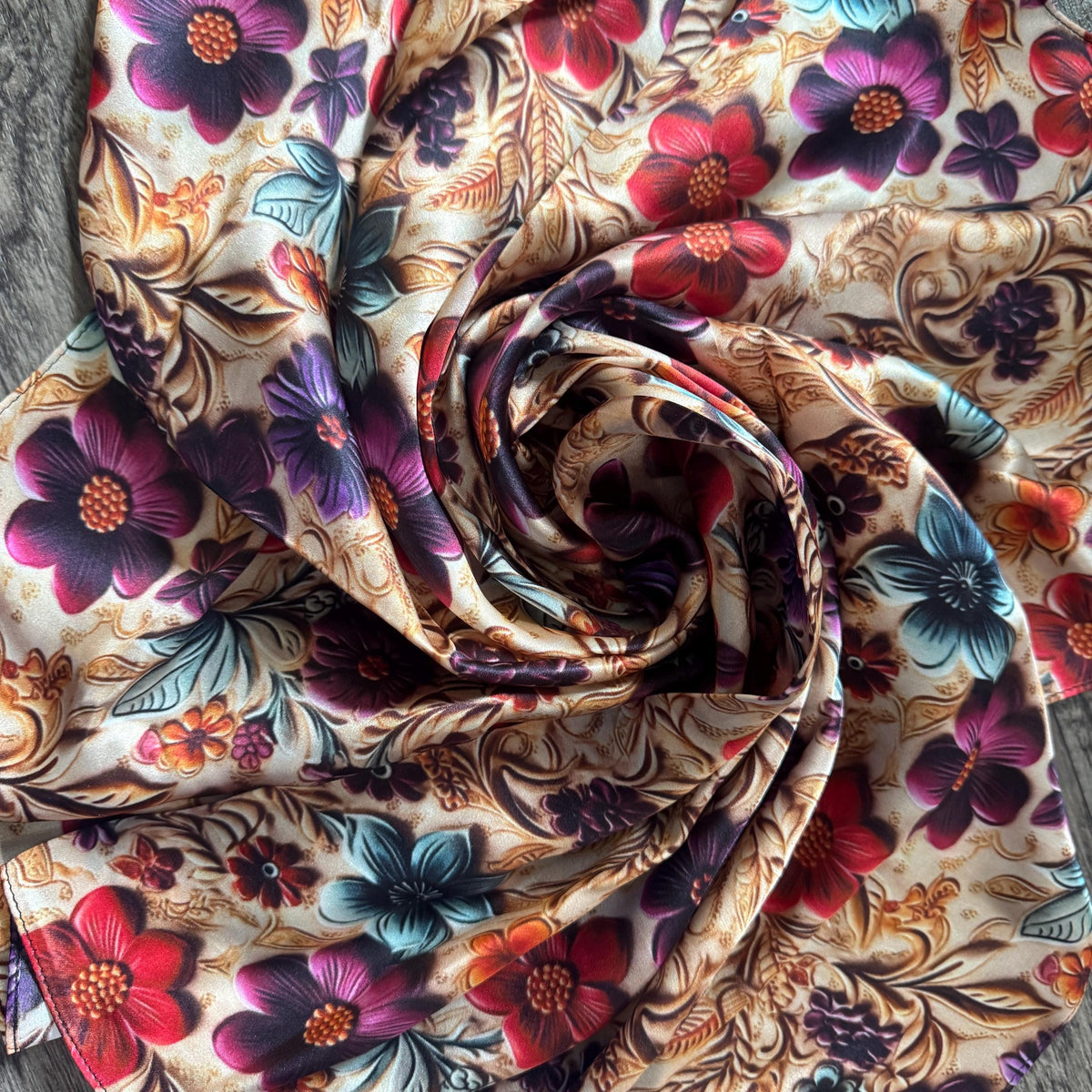100% Silk Wild Rag Painted Floral Tooled Leather by Double B Wild Rags