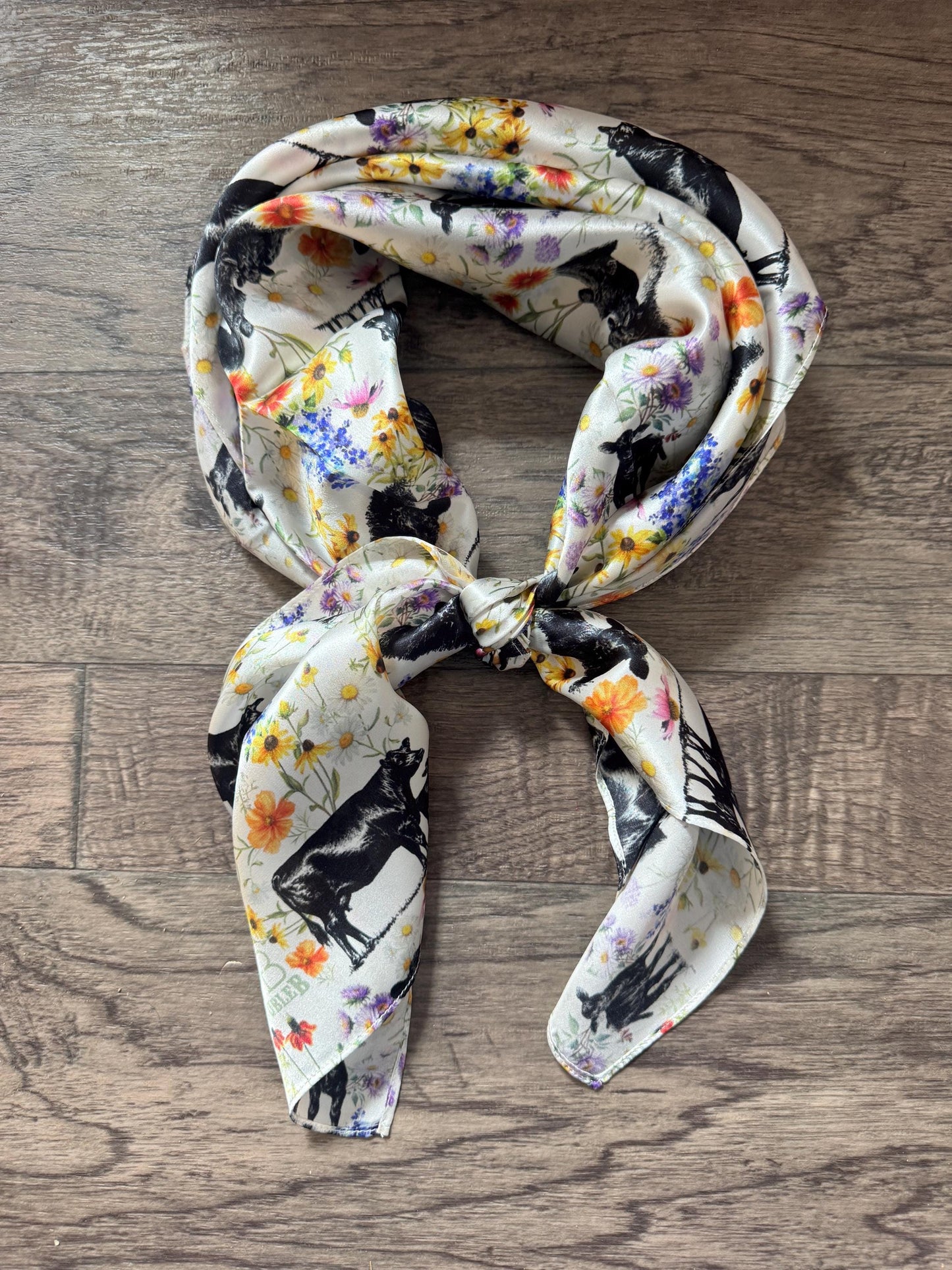 100% Silk Wild Rag Mama Angus Cow and Calf Floral print by Double B Wild Rags