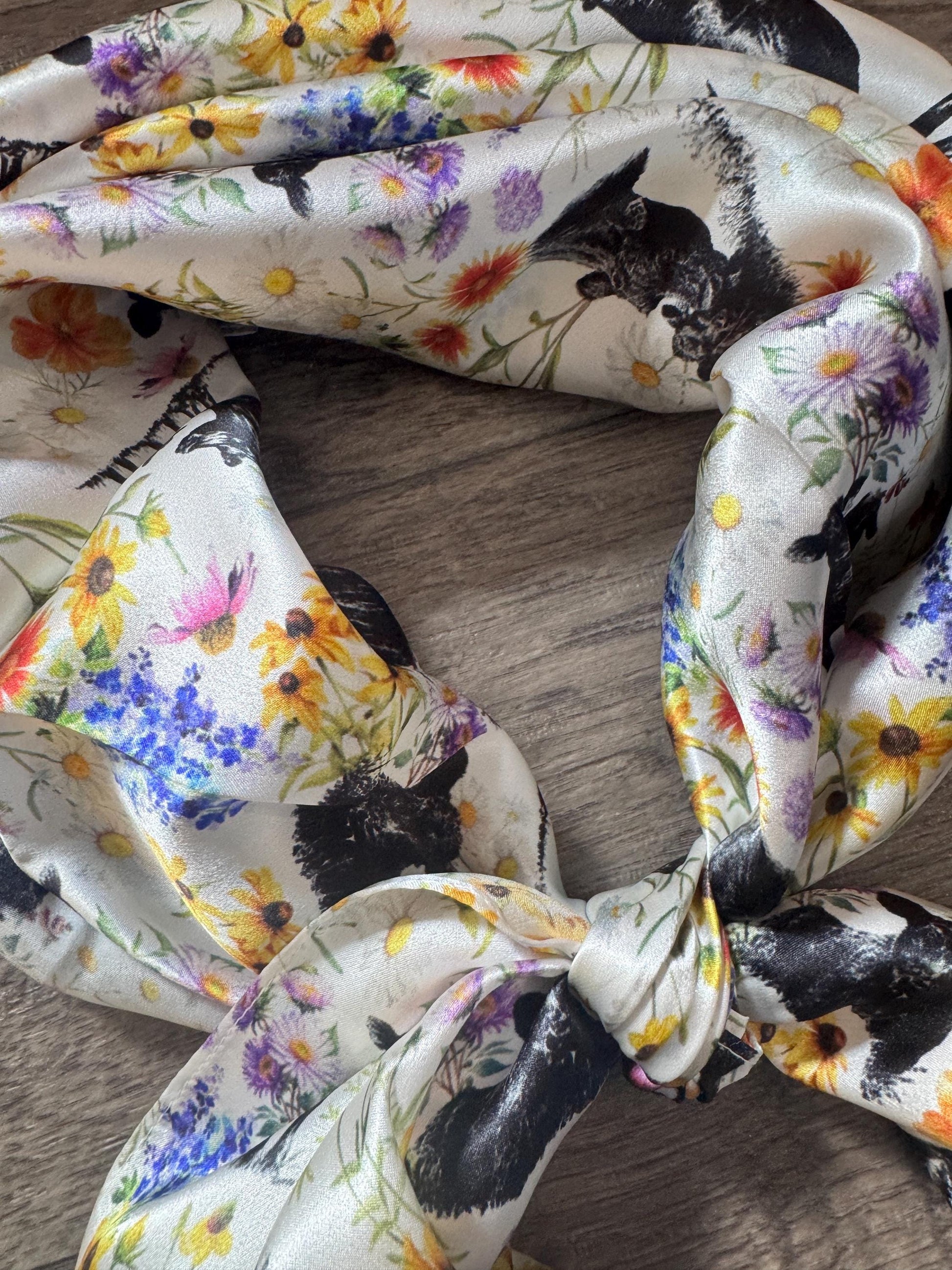 100% Silk Wild Rag Mama Angus Cow and Calf Floral print by Double B Wild Rags