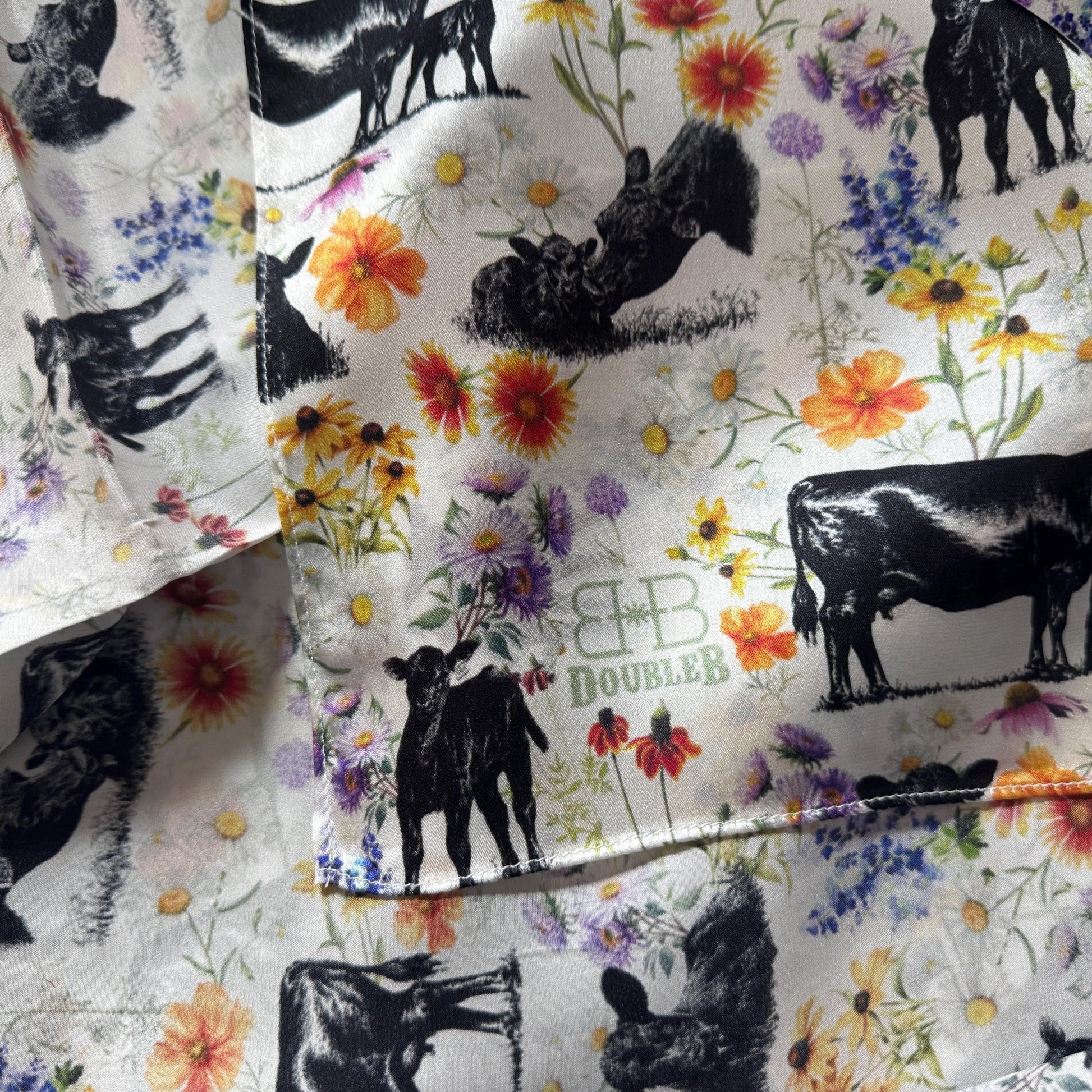 100% Silk Wild Rag Mama Angus Cow and Calf Floral print by Double B Wild Rags