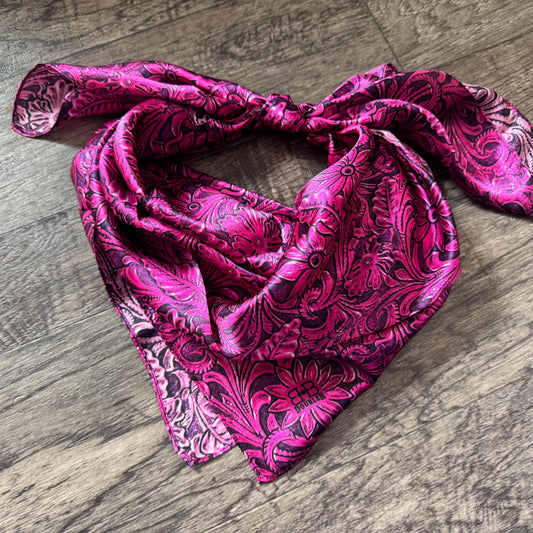 100% Silk Wild Rag Dark Pink Tooled Leather by Double B Wild Rags