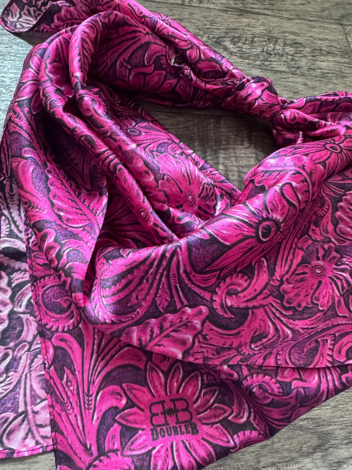 100% Silk Wild Rag Dark Pink Tooled Leather by Double B Wild Rags