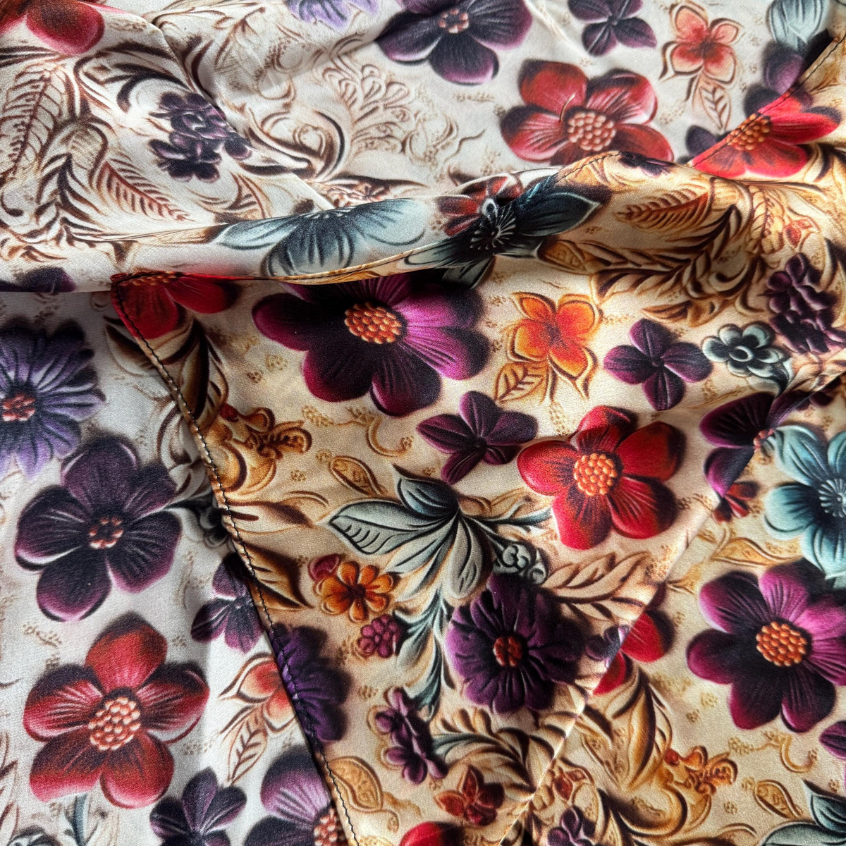 100% Silk Wild Rag Painted Floral Tooled Leather by Double B Wild Rags