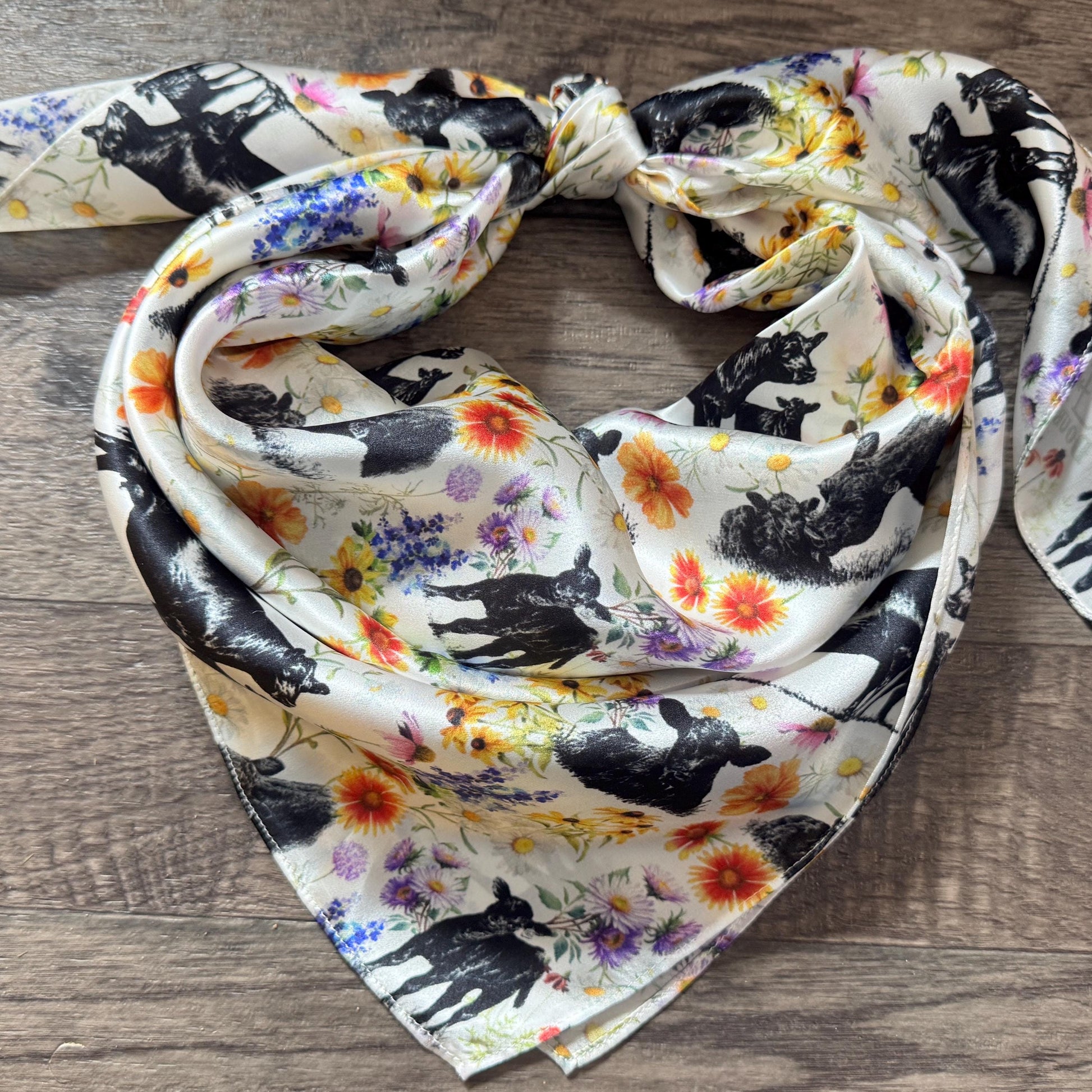 100% Silk Wild Rag Mama Angus Cow and Calf Floral print by Double B Wild Rags