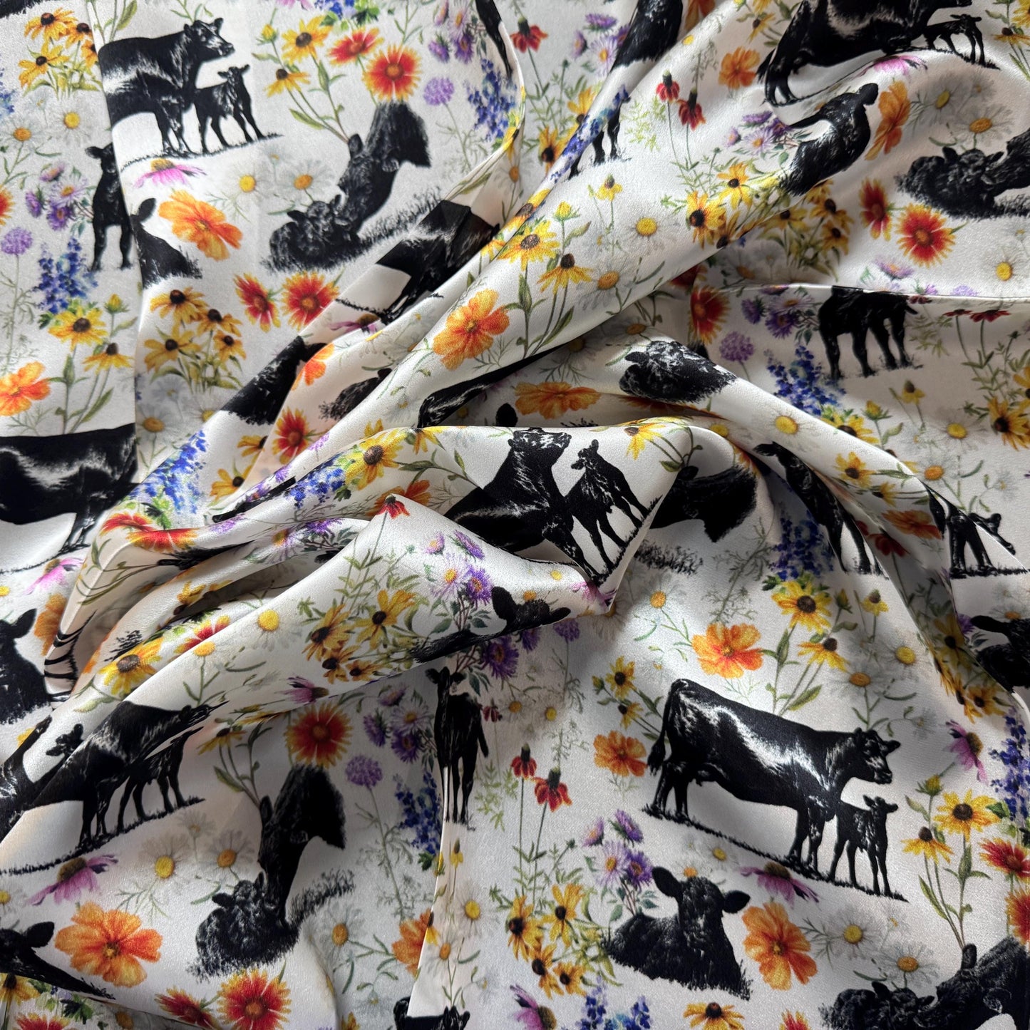 100% Silk Wild Rag Mama Angus Cow and Calf Floral print by Double B Wild Rags