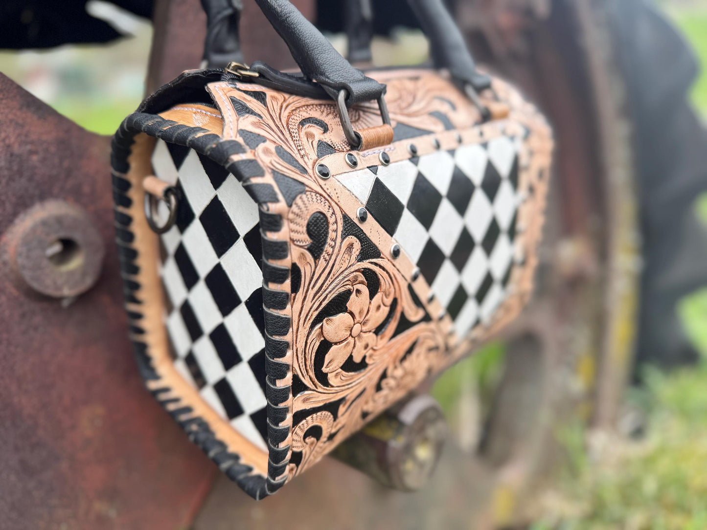 Western Checkered Speedy Bag Black and White by Double B