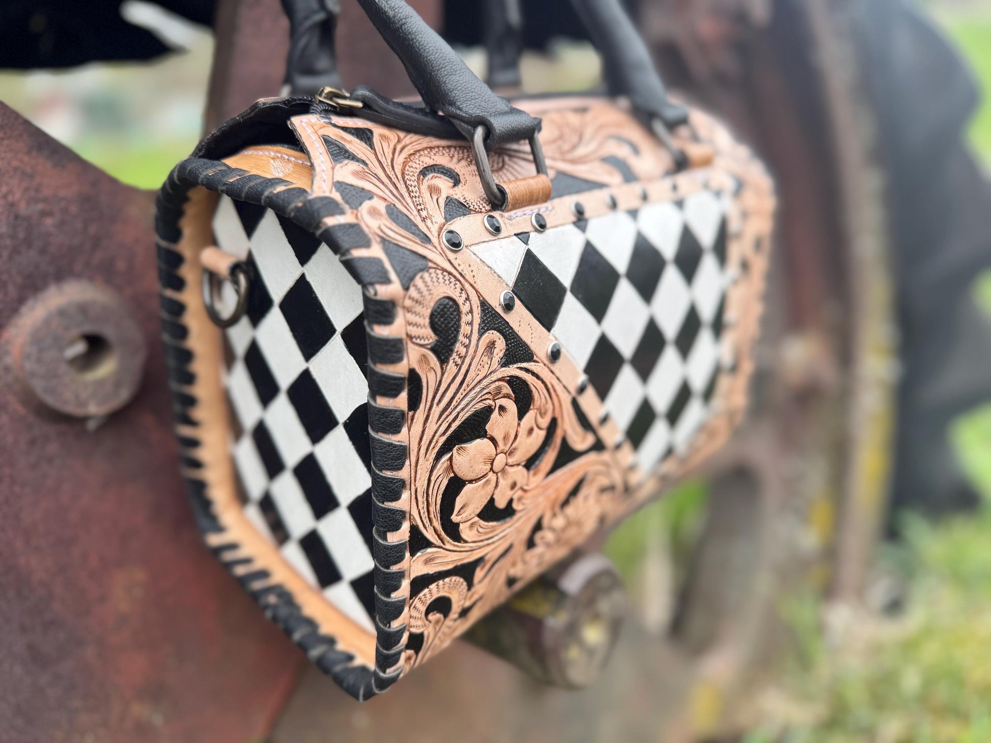 Western Checkered Speedy Bag Black and White by Double B