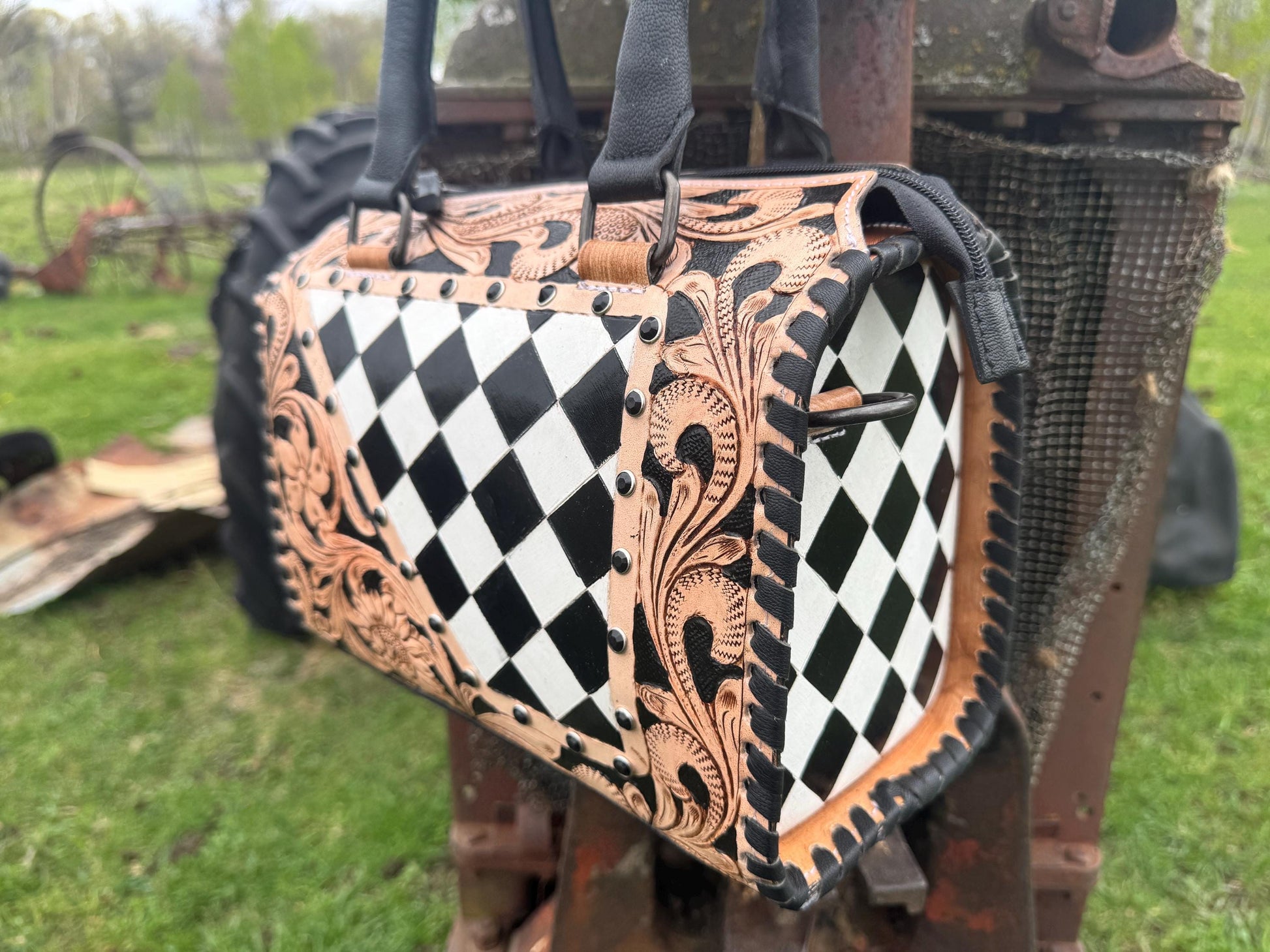 Western Checkered Speedy Bag Black and White by Double B