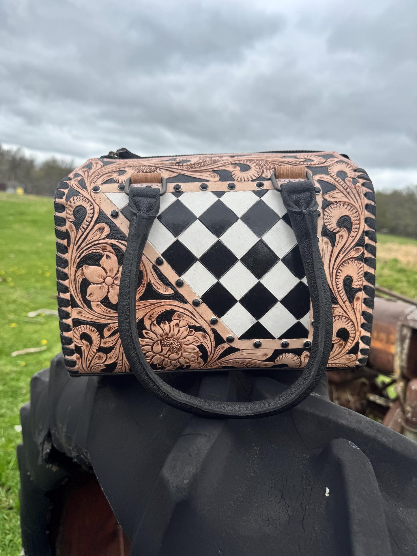 Western Checkered Speedy Bag Black and White by Double B