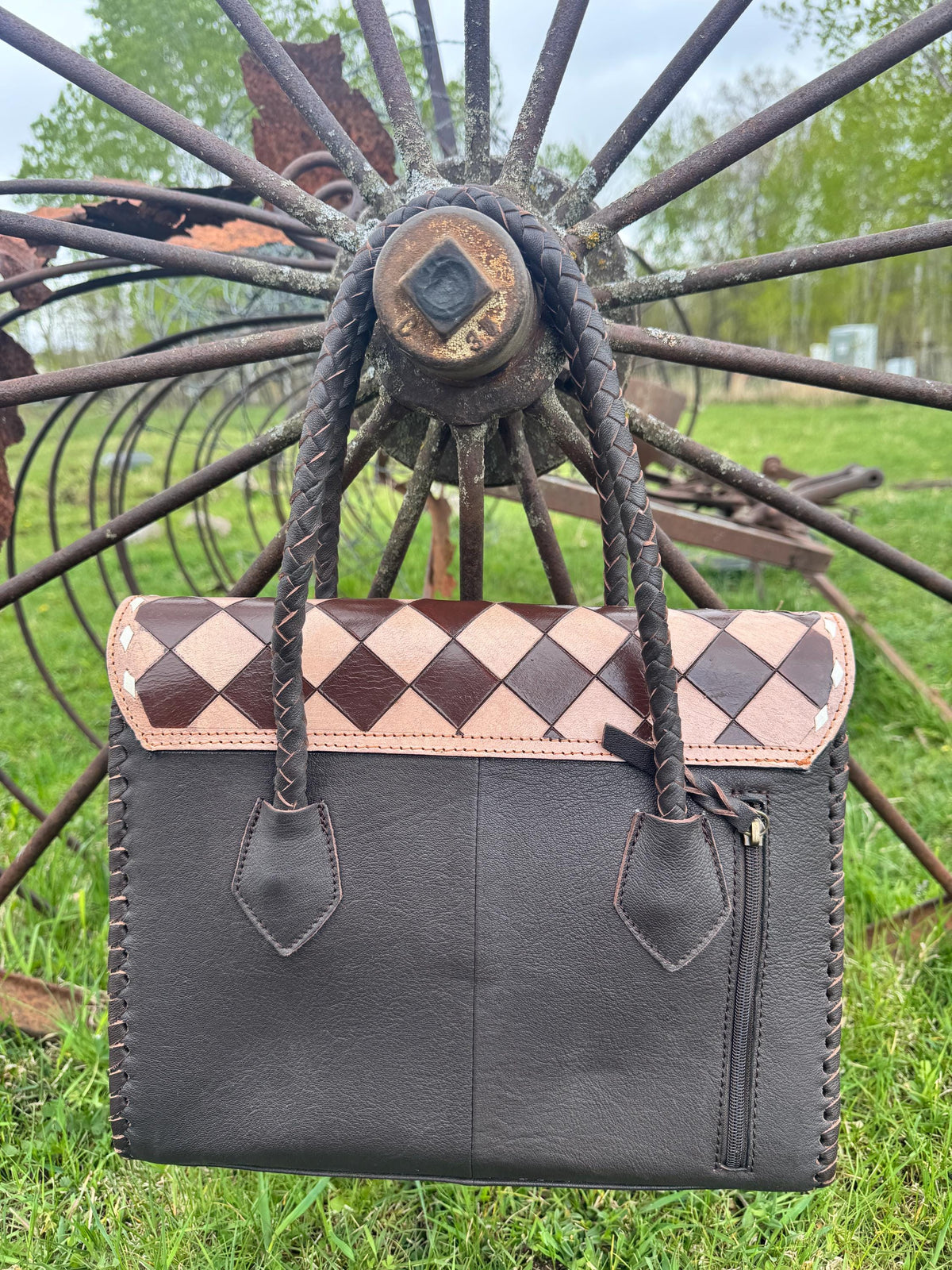 Western Genuine Leather Checkered Handbag by Double B