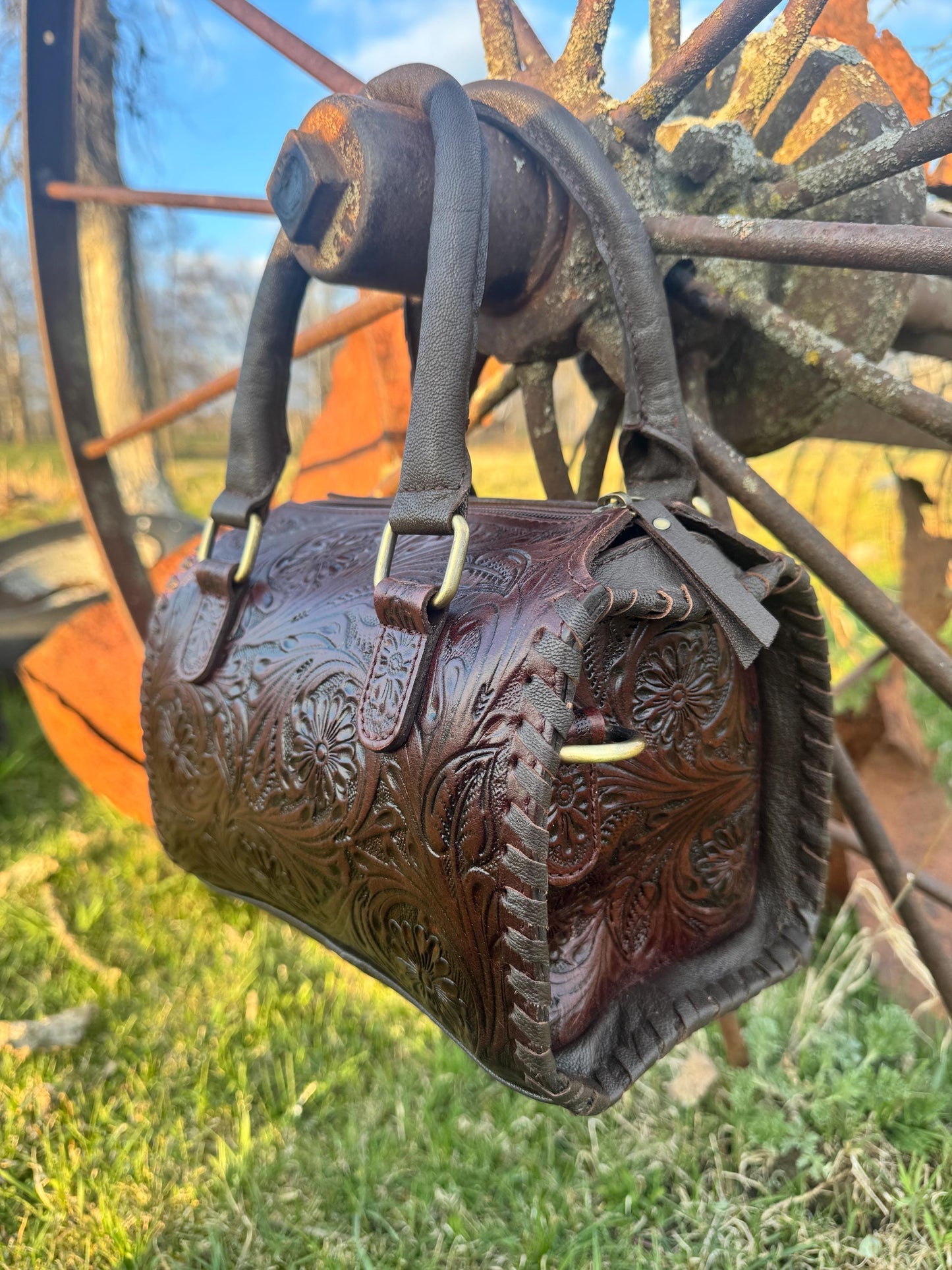 Dark Chocolate Brown Speedy Western Genuine Leather Barrel Bag Purse or Briefcase