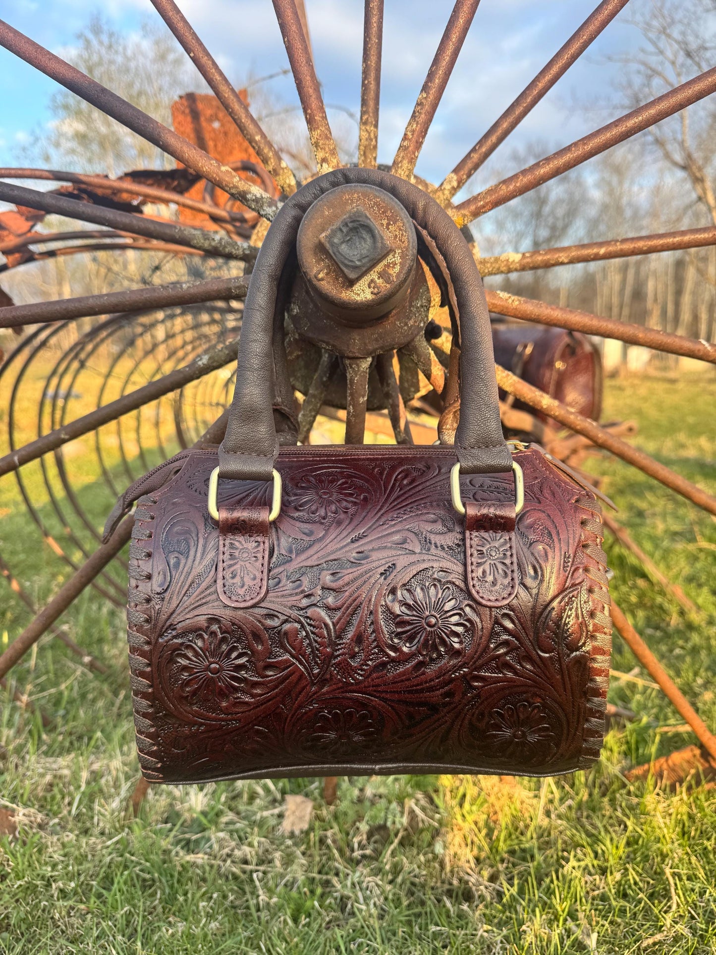 Dark Chocolate Brown Speedy Western Genuine Leather Barrel Bag Purse or Briefcase