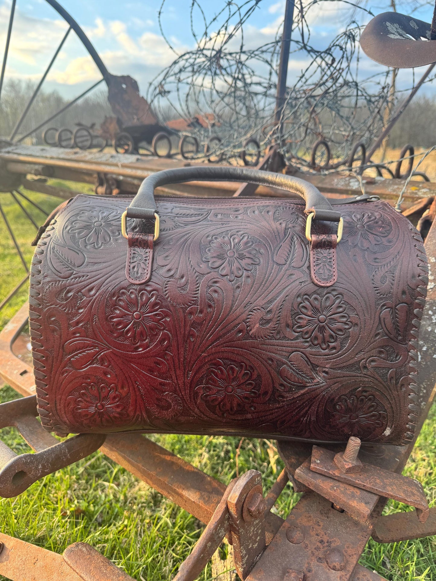 Dark Chocolate Brown Speedy Western Genuine Leather Barrel Bag Purse or Briefcase