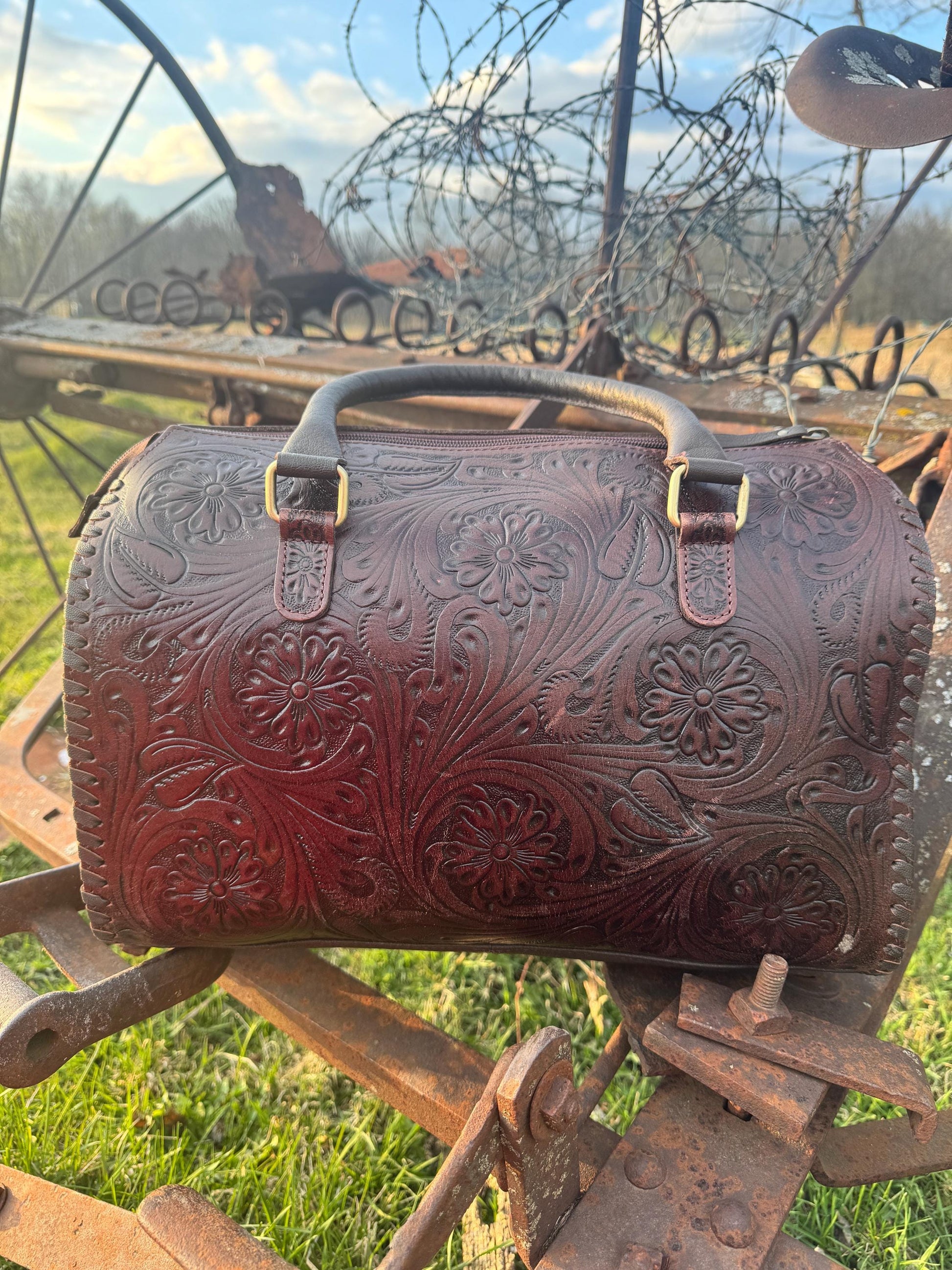 Dark Chocolate Brown Speedy Western Genuine Leather Barrel Bag Purse or Briefcase