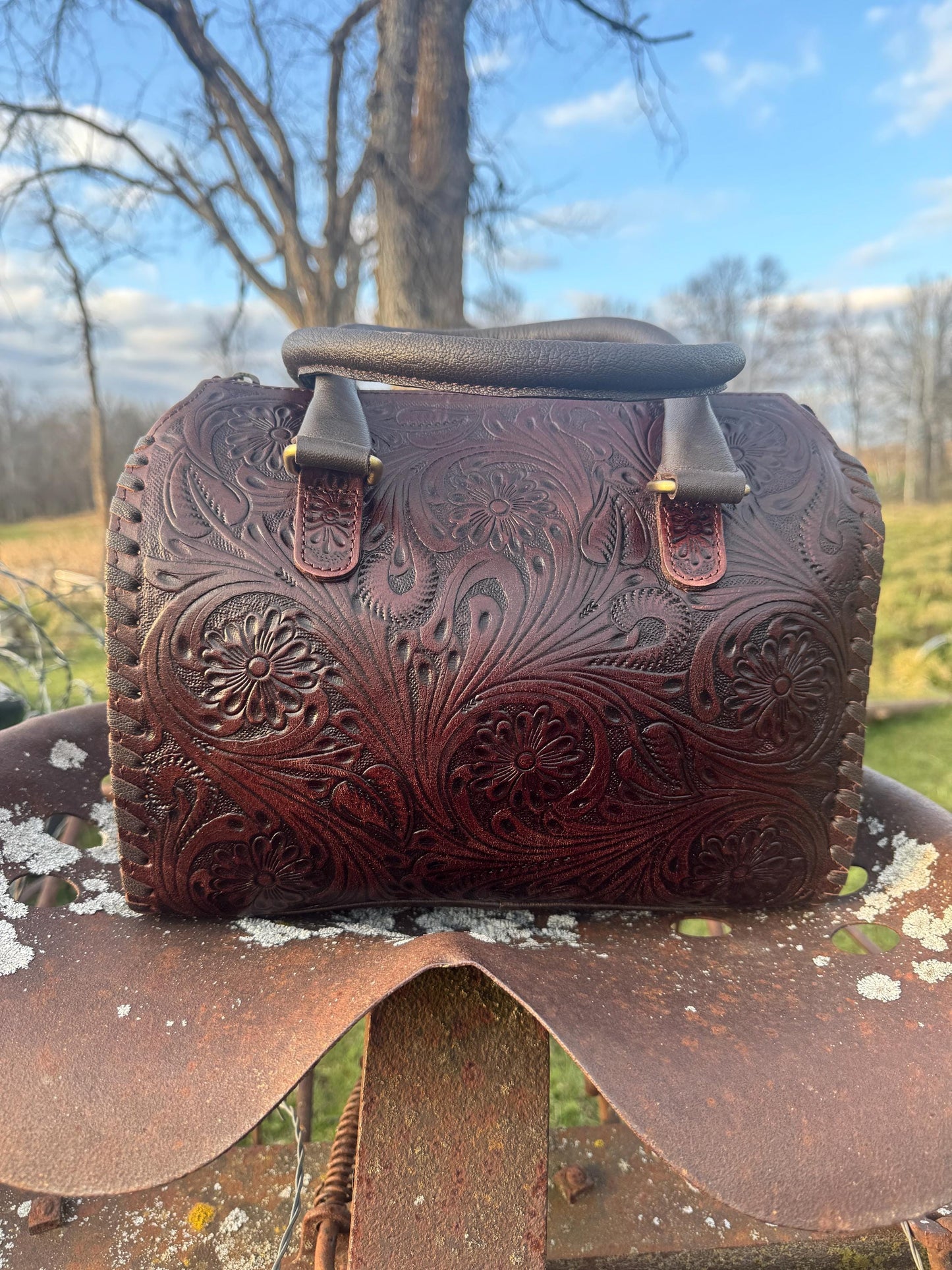Dark Chocolate Brown Speedy Western Genuine Leather Barrel Bag Purse or Briefcase