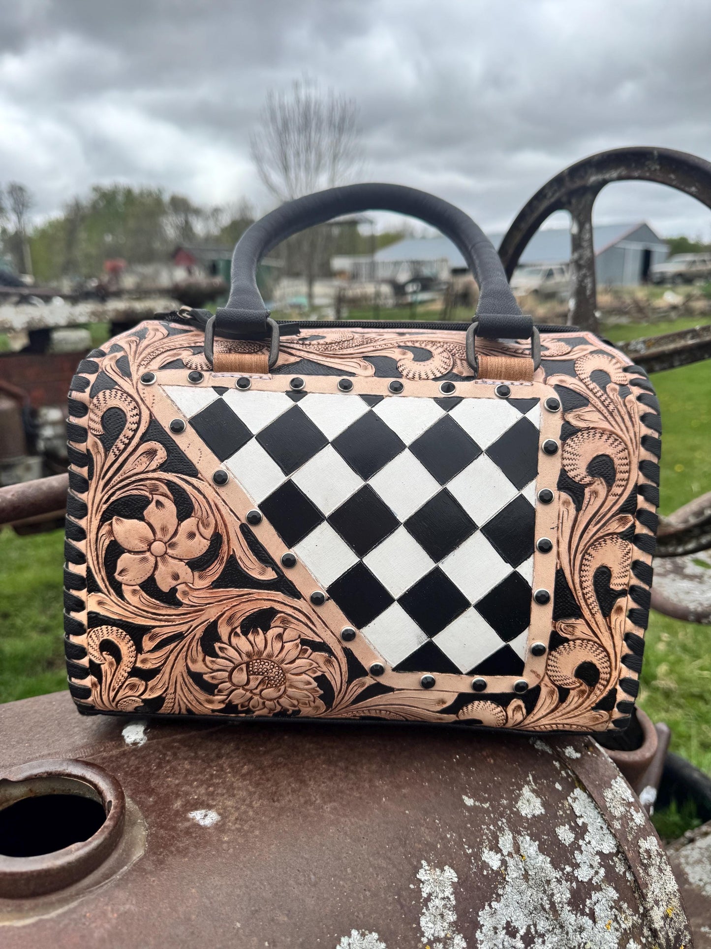 Western Checkered Speedy Bag Black and White by Double B