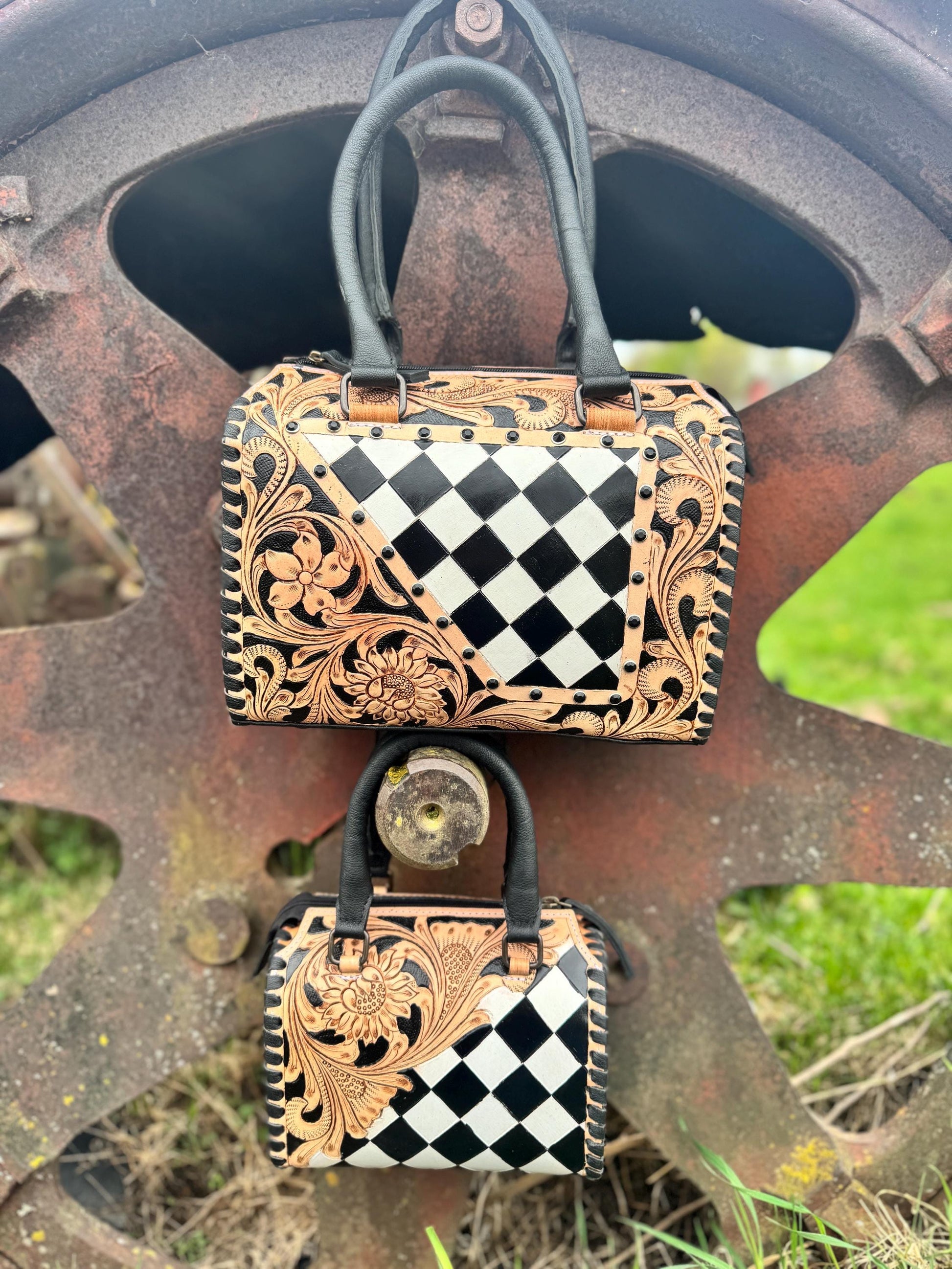 Western Checkered Speedy Bag Black and White by Double B