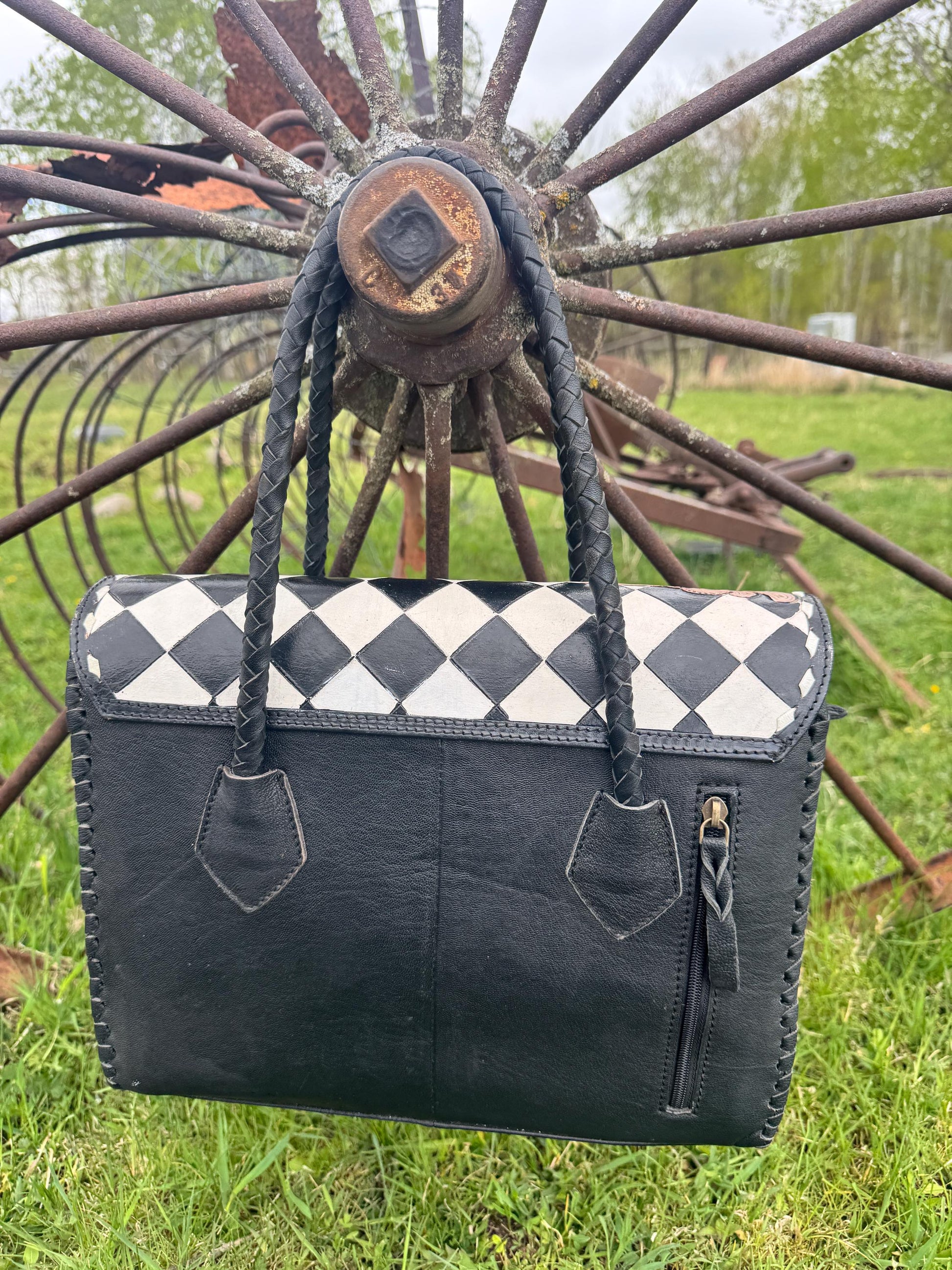 Western Genuine Leather Checkered Handbag by Double B