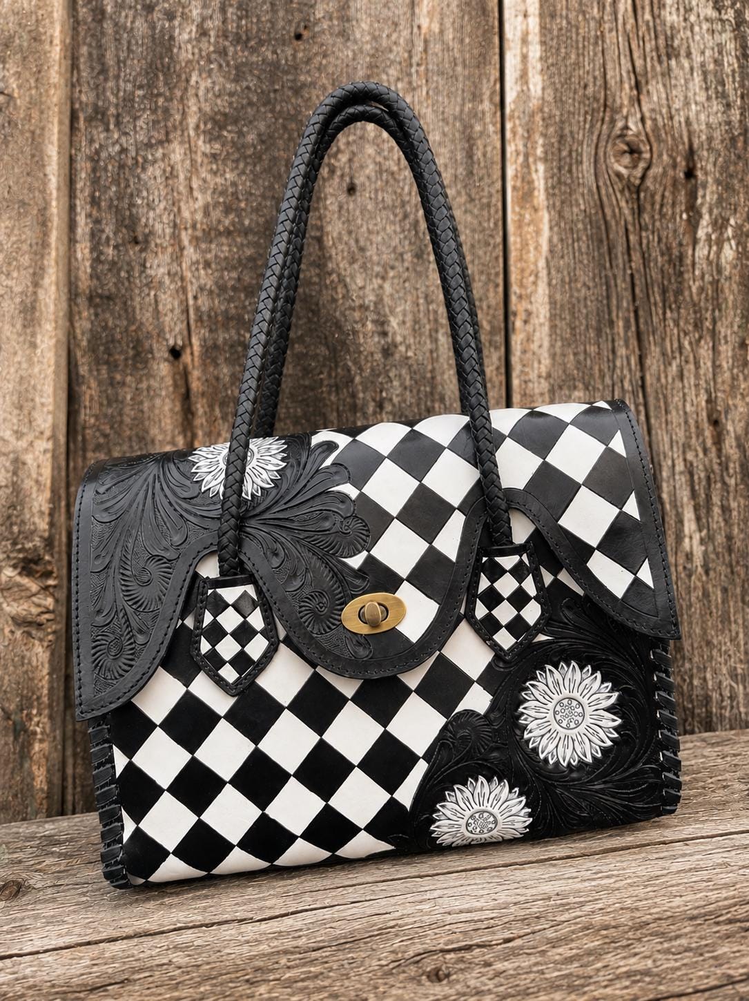 Black and White Checkered Handbag Tote or Wallet by Double B