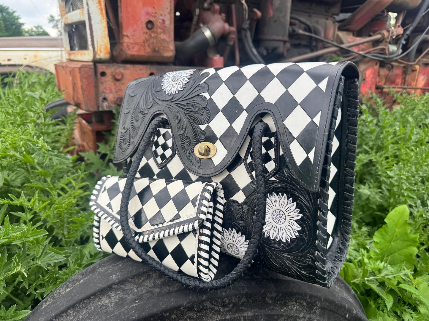 Black and White Checkered Handbag Tote or Wallet by Double B