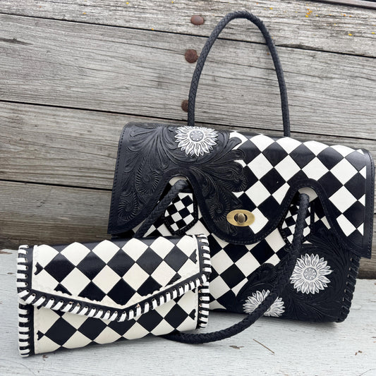 Black and White Checkered Handbag Tote or Wallet by Double B