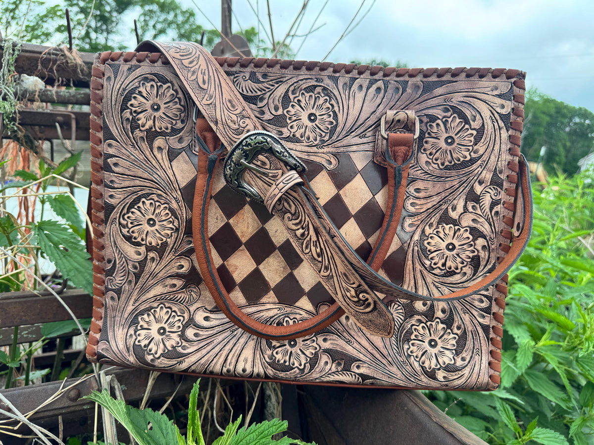 Western Checkered and Floral laptop messenger briefcase bag tote by Double B Wild Rags