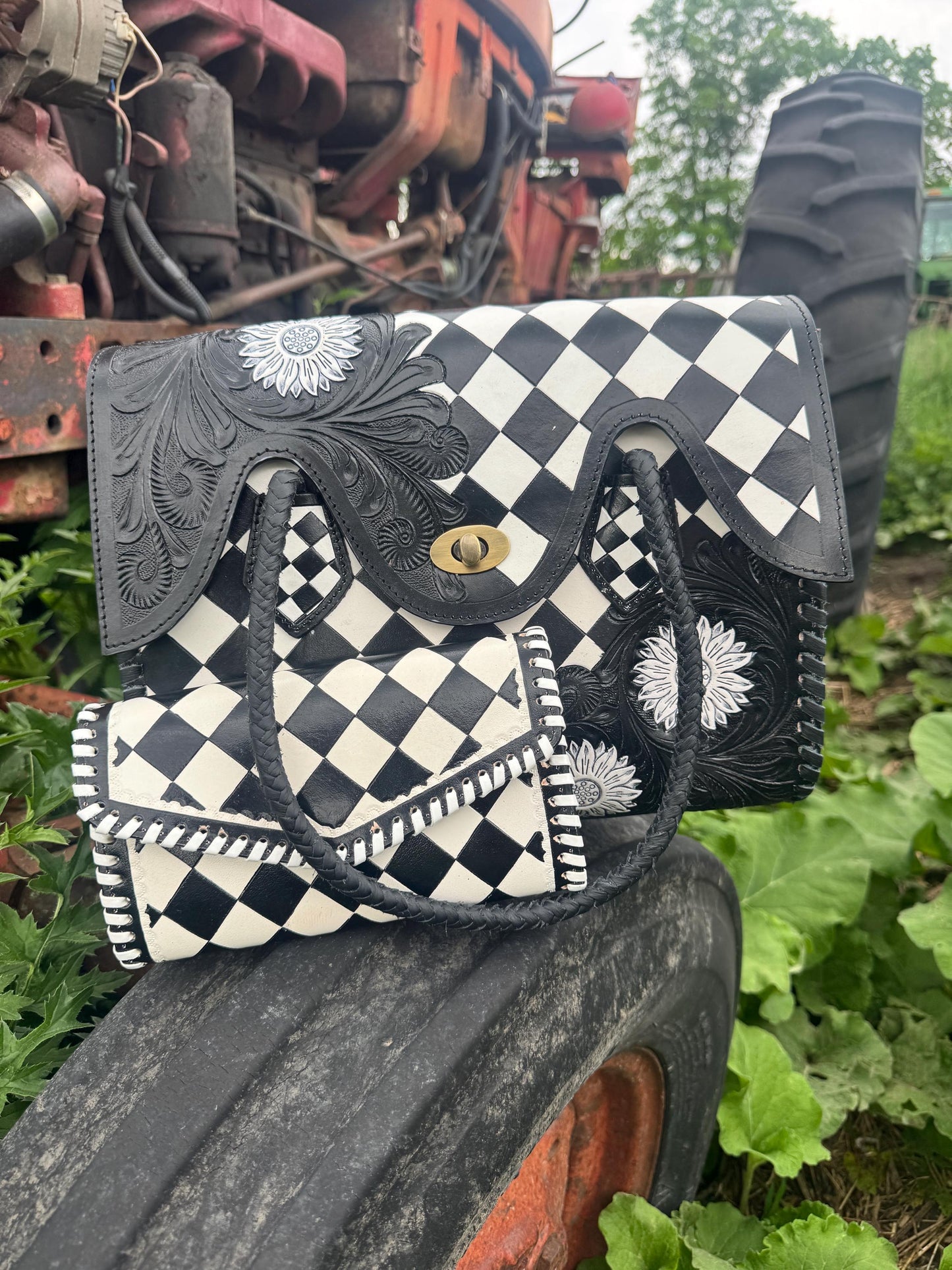 Black and White Checkered Handbag Tote or Wallet by Double B