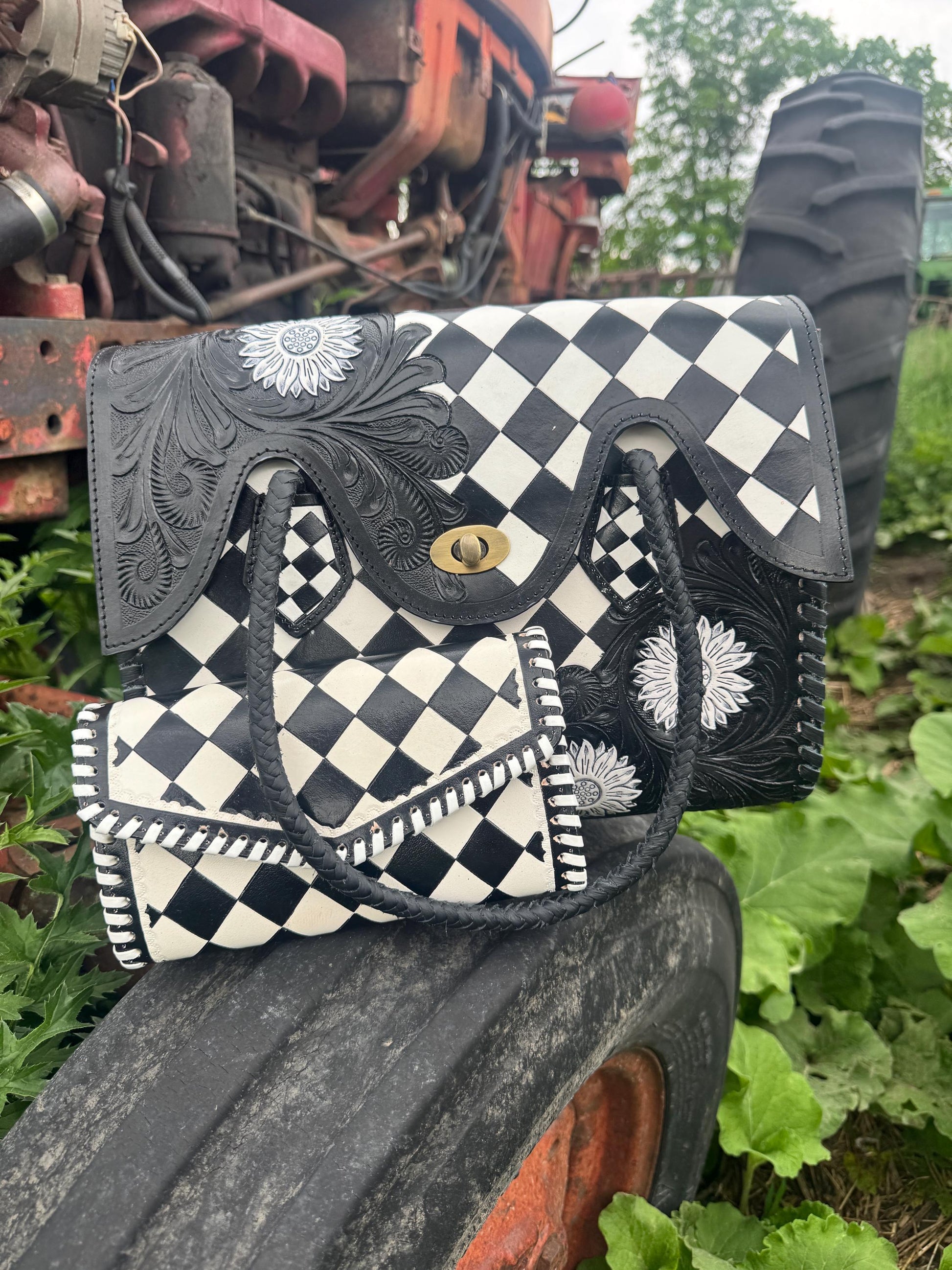 Black and White Checkered Handbag Tote or Wallet by Double B