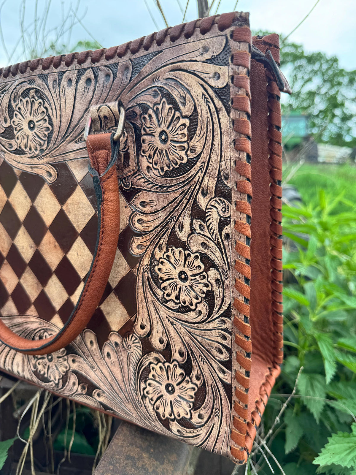 Western Checkered and Floral laptop messenger briefcase bag tote by Double B Wild Rags