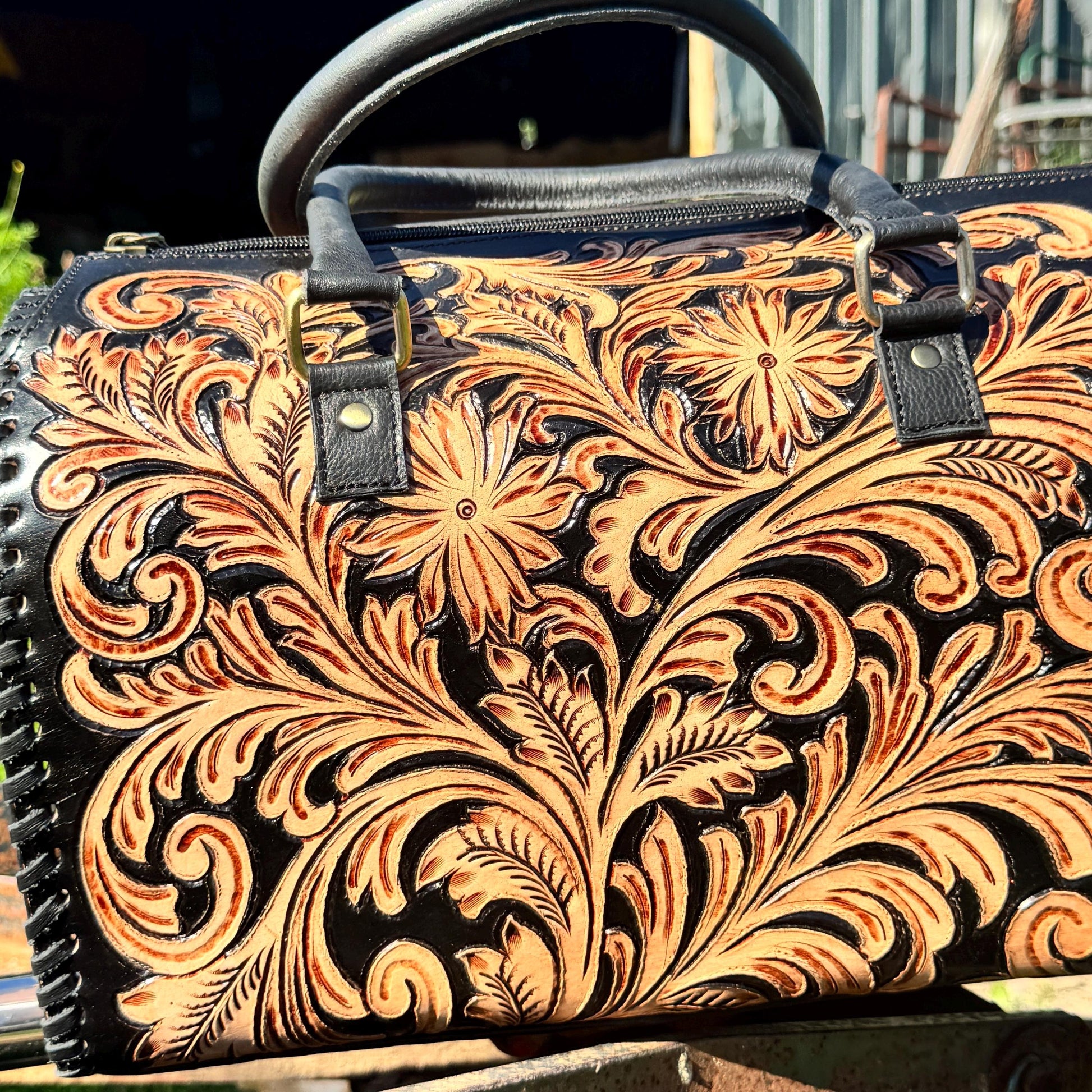 Black Heritage Daisy Speedy Western Genuine Leather Barrel Bag Purse by Double B