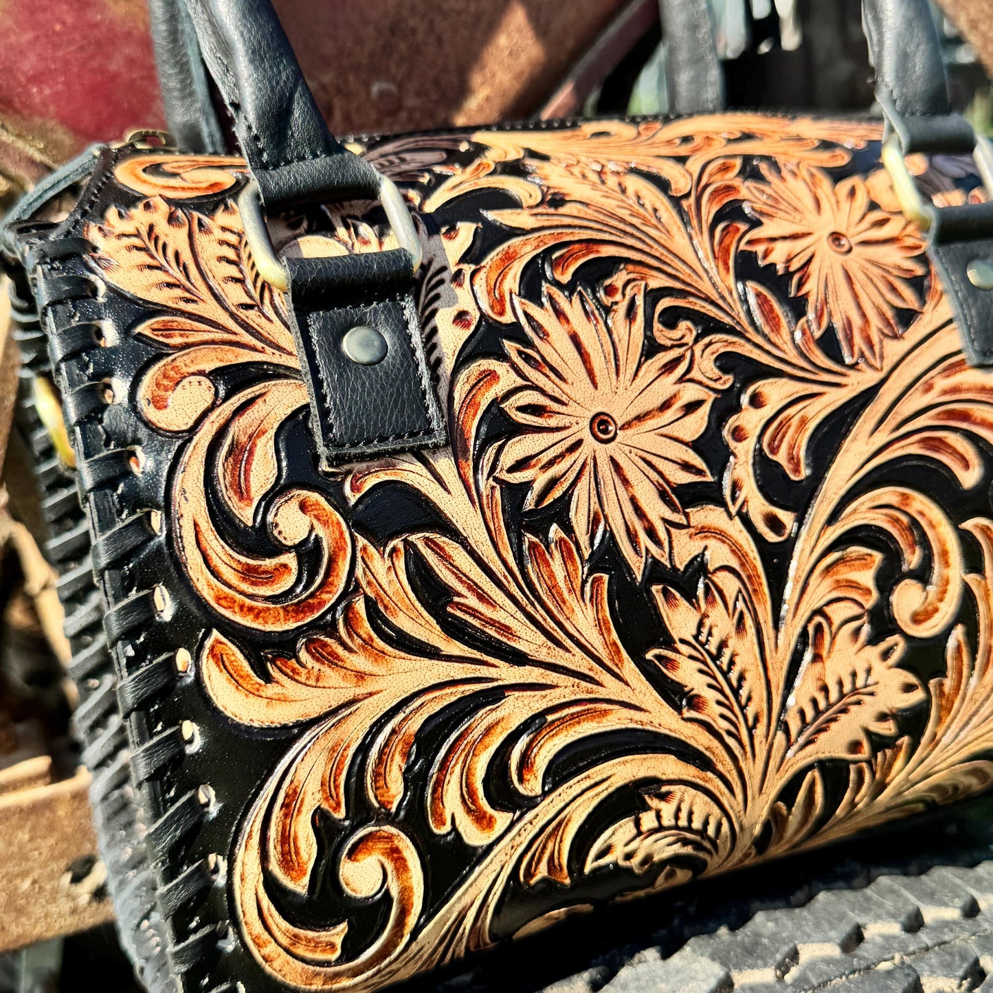 Black Heritage Daisy Speedy Western Genuine Leather Barrel Bag Purse by Double B