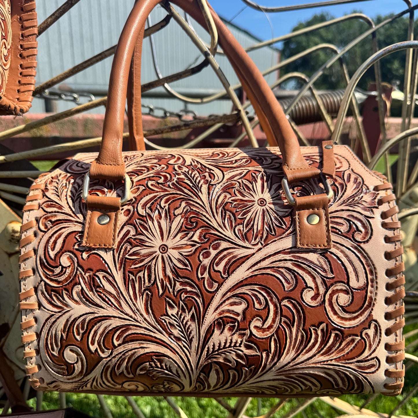 Tan Wild Daisy Heritage Speedy Western Genuine Leather Barrel Bag Purse by Double B