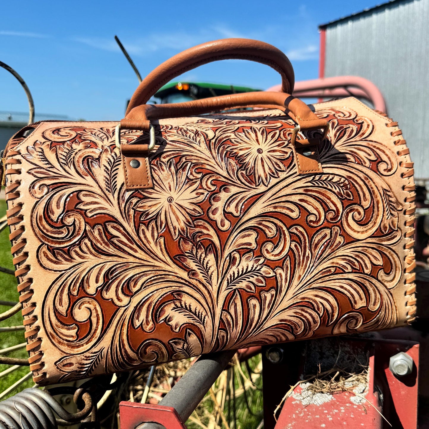 Tan Wild Daisy Heritage Speedy Western Genuine Leather Barrel Bag Purse by Double B