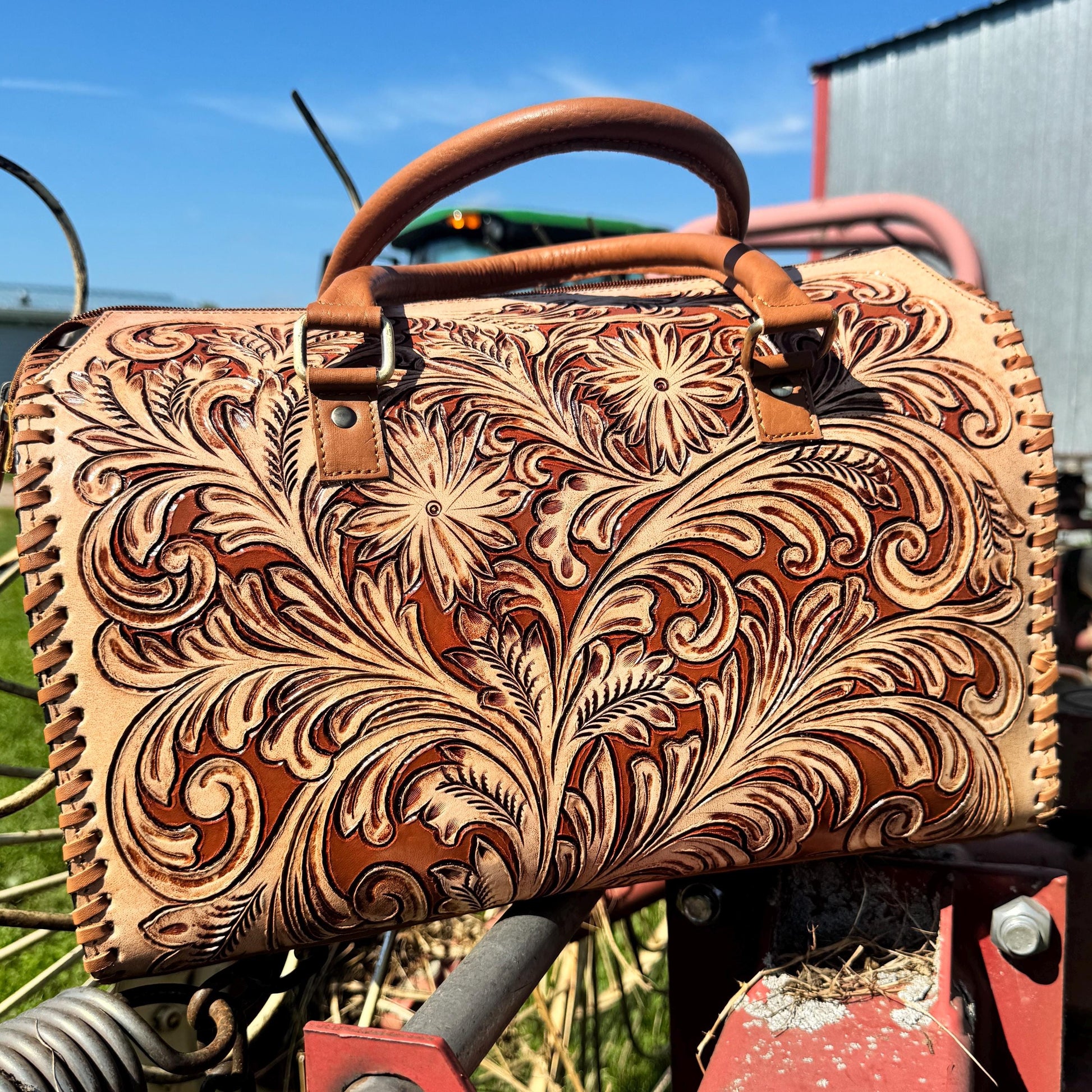 Tan Wild Daisy Heritage Speedy Western Genuine Leather Barrel Bag Purse by Double B
