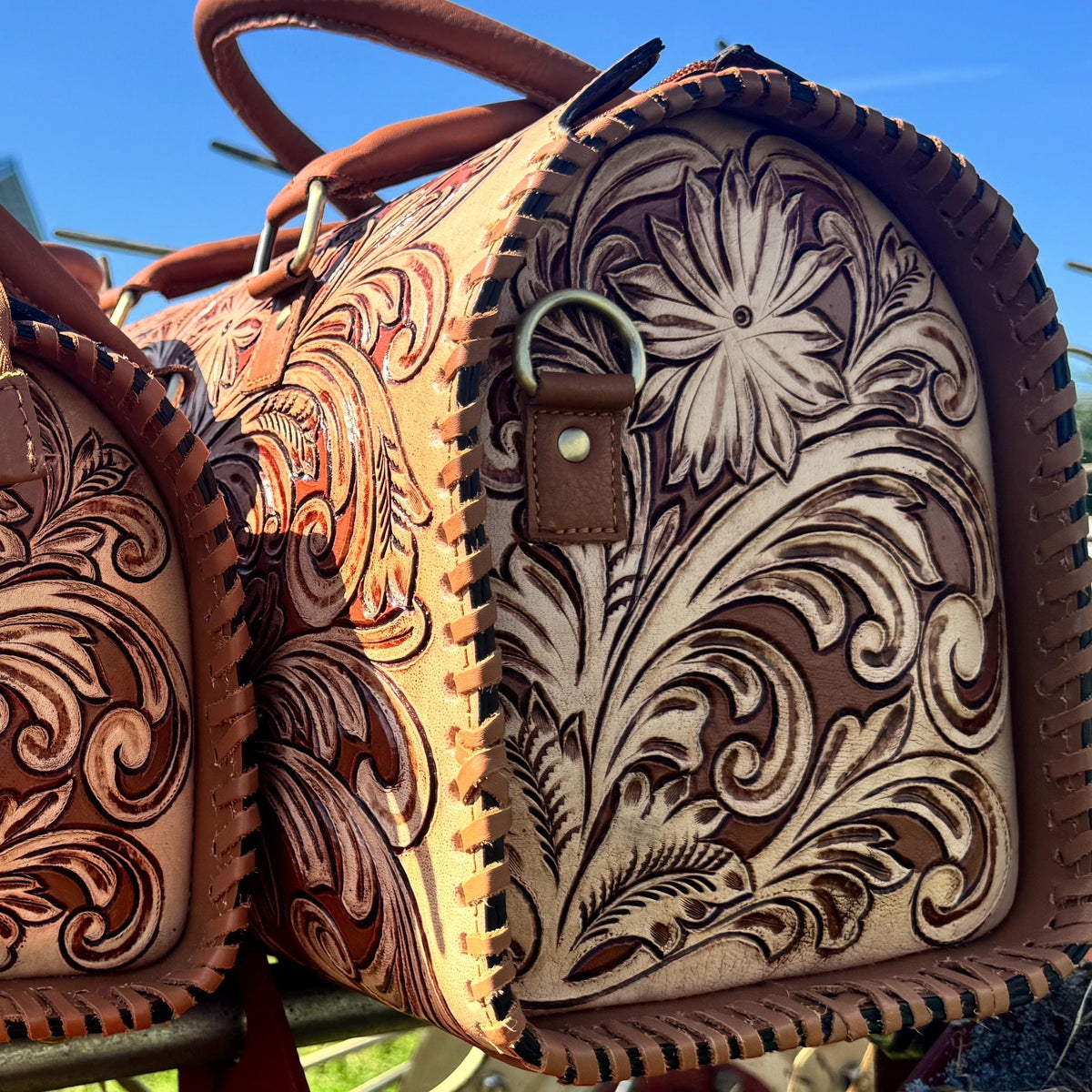 Tan Heritage Daisy Speedy Western Genuine Leather Barrel Bag Purse by Double B