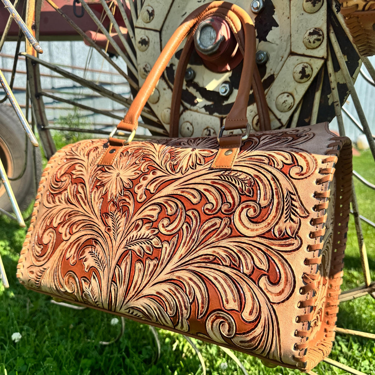 Tan Heritage Daisy Speedy Western Genuine Leather Barrel Bag Purse by Double B