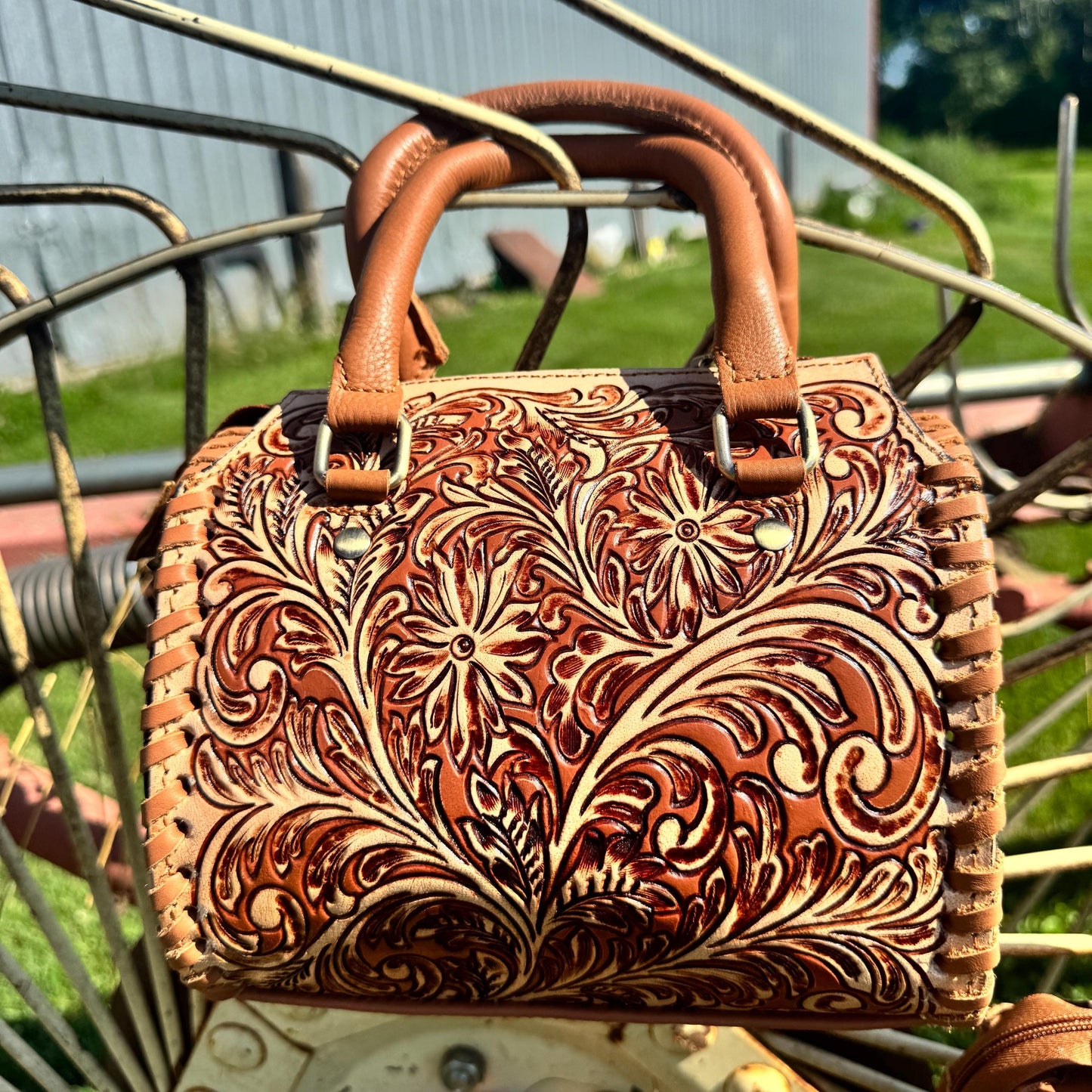 Tan Wild Daisy Heritage Speedy Western Genuine Leather Barrel Bag Purse by Double B