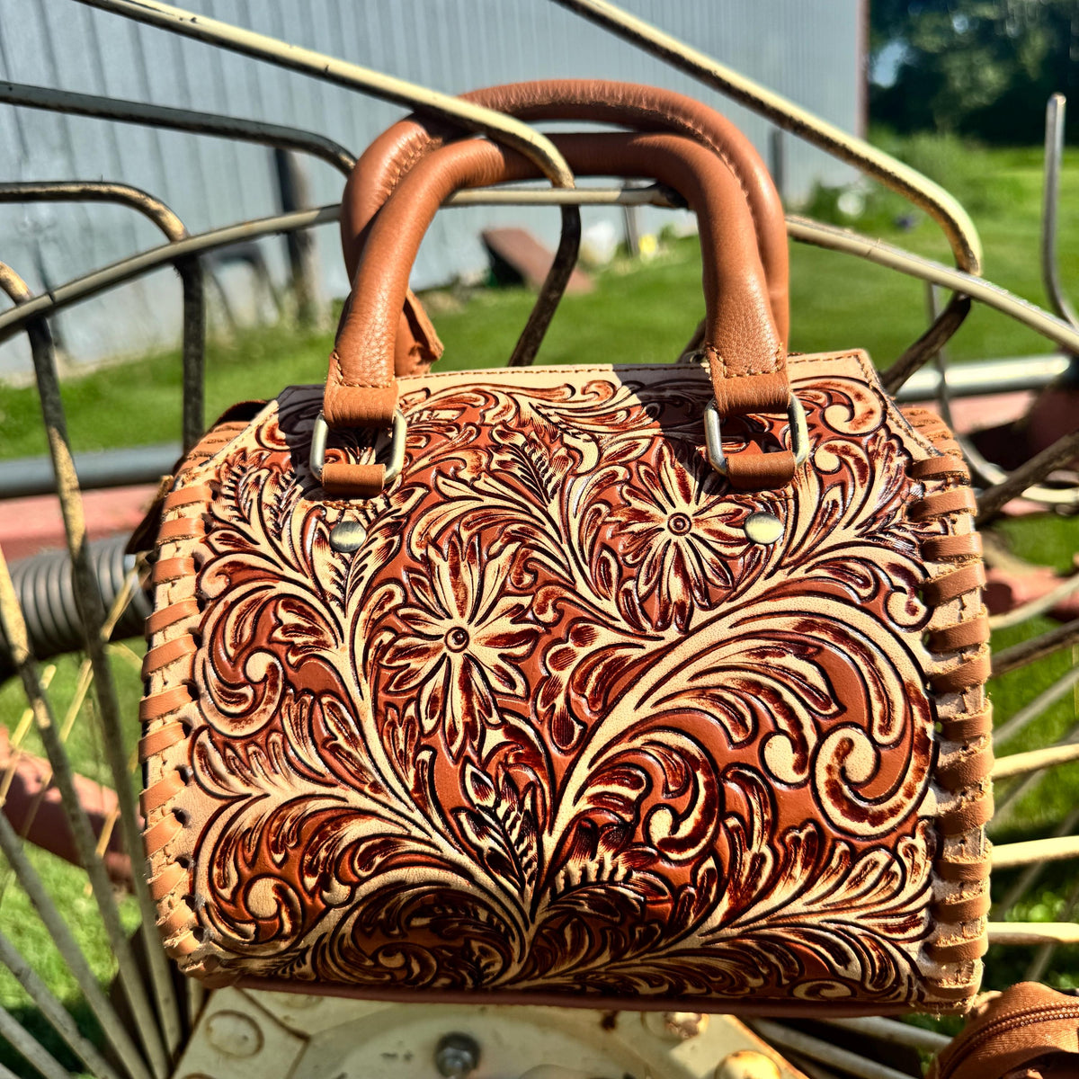 Tan Heritage Daisy Speedy Western Genuine Leather Barrel Bag Purse by Double B